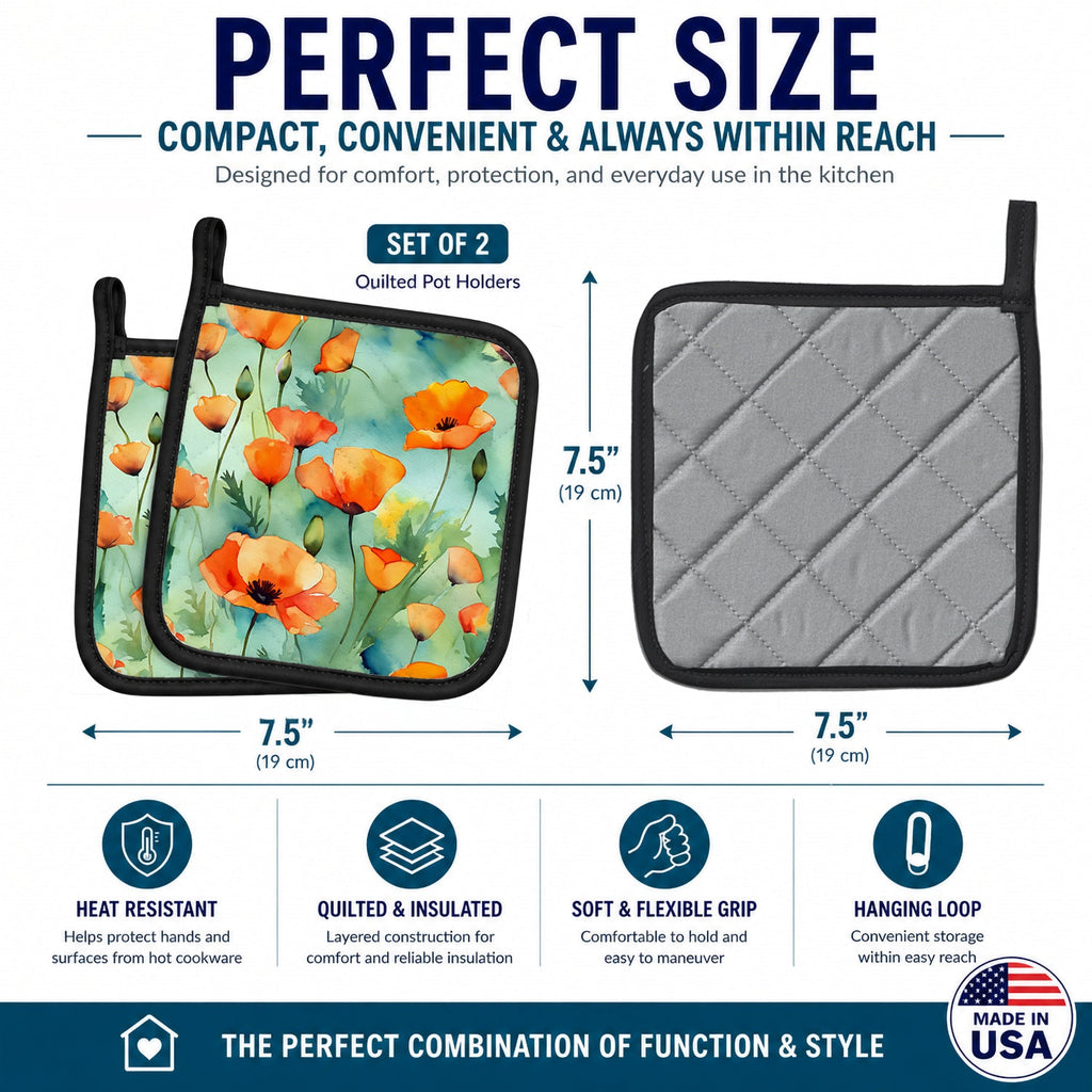 California California Poppies in Watercolor Pot Holder Set of 2 Heat Resistant Quilted Hot Pads 7.5 x 7.5 Inch, Insulated Kitchen Trivets for Cooking & Baking