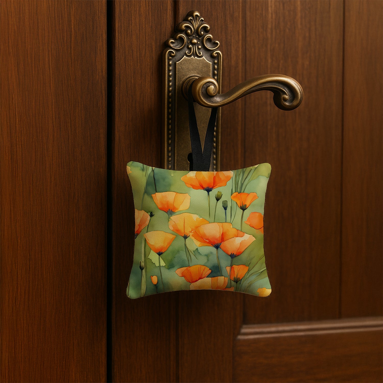 California California Poppies in Watercolor Hanging Square Fabric Ornament 3.5 × 3.5 Decorative Door-Knob & Tree Hanger, Soft Fabric