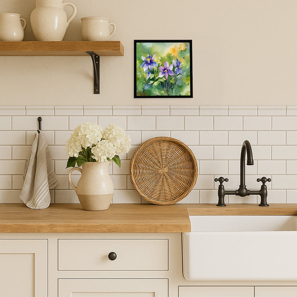 Colorado Rocky Mountain Columbine in Watercolor Framed Metal Print Bathroom, Kitchen, Office, Home Decor Wall Art Ready to Hang, Square, 8X8