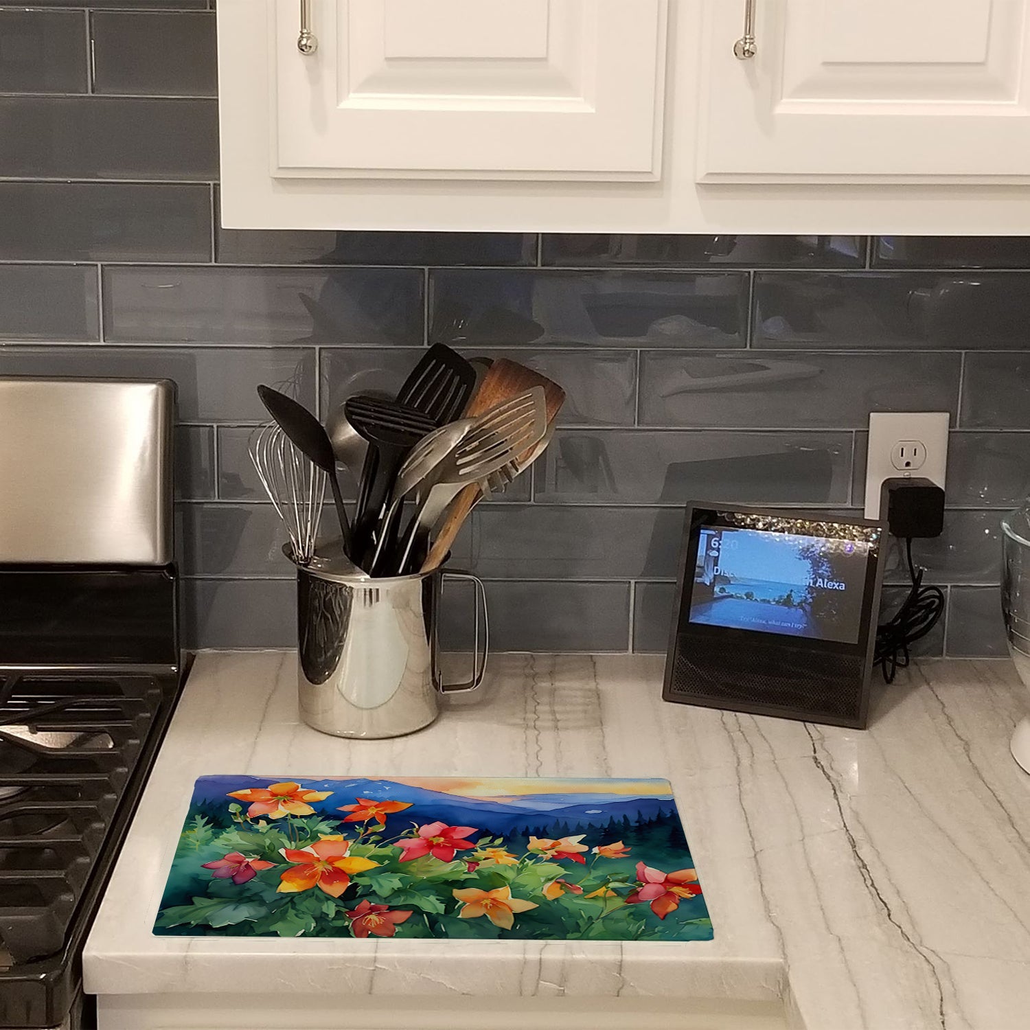 Colorado Rocky Mountain Columbine in Watercolor Cutting Board Tempered Glass Kitchen Cutting Surface, Heat Resistant Chopping, Non-Slip Feet, Food Prep & Serving