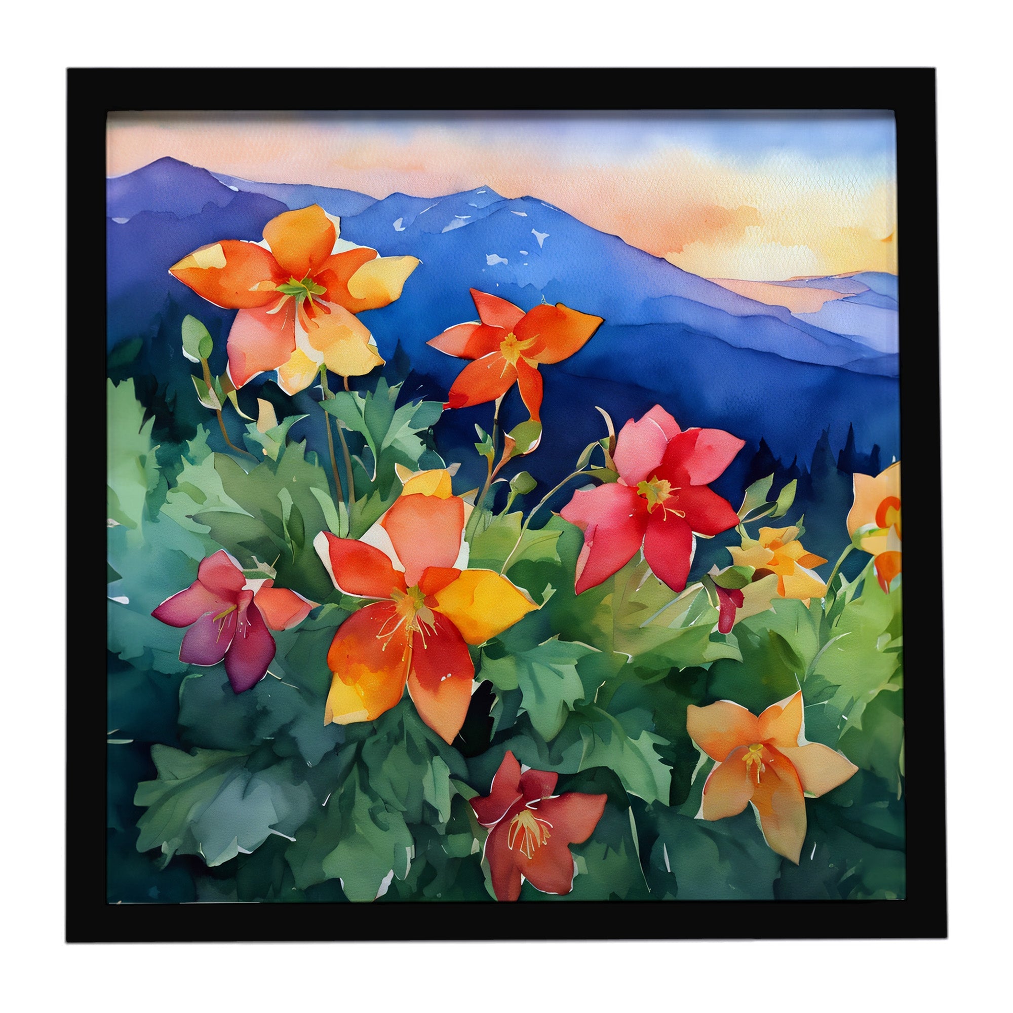 Colorado Rocky Mountain Columbine in Watercolor Framed Metal Print Bathroom, Kitchen, Office, Home Decor Wall Art Ready to Hang, Square, 8X8