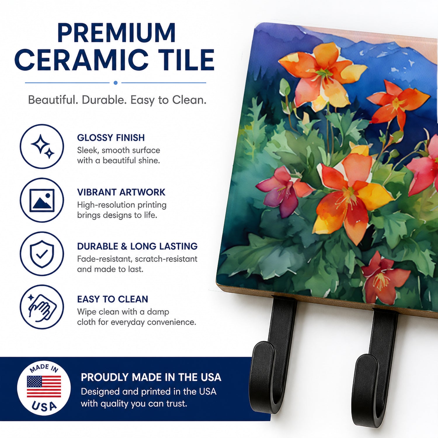 Colorado Rocky Mountain Columbine in Watercolor Leash or Key Holder Wall Hooks, Coat Rack Wall Mount, for Hanging Keys, Towels, Aprons, Leashes