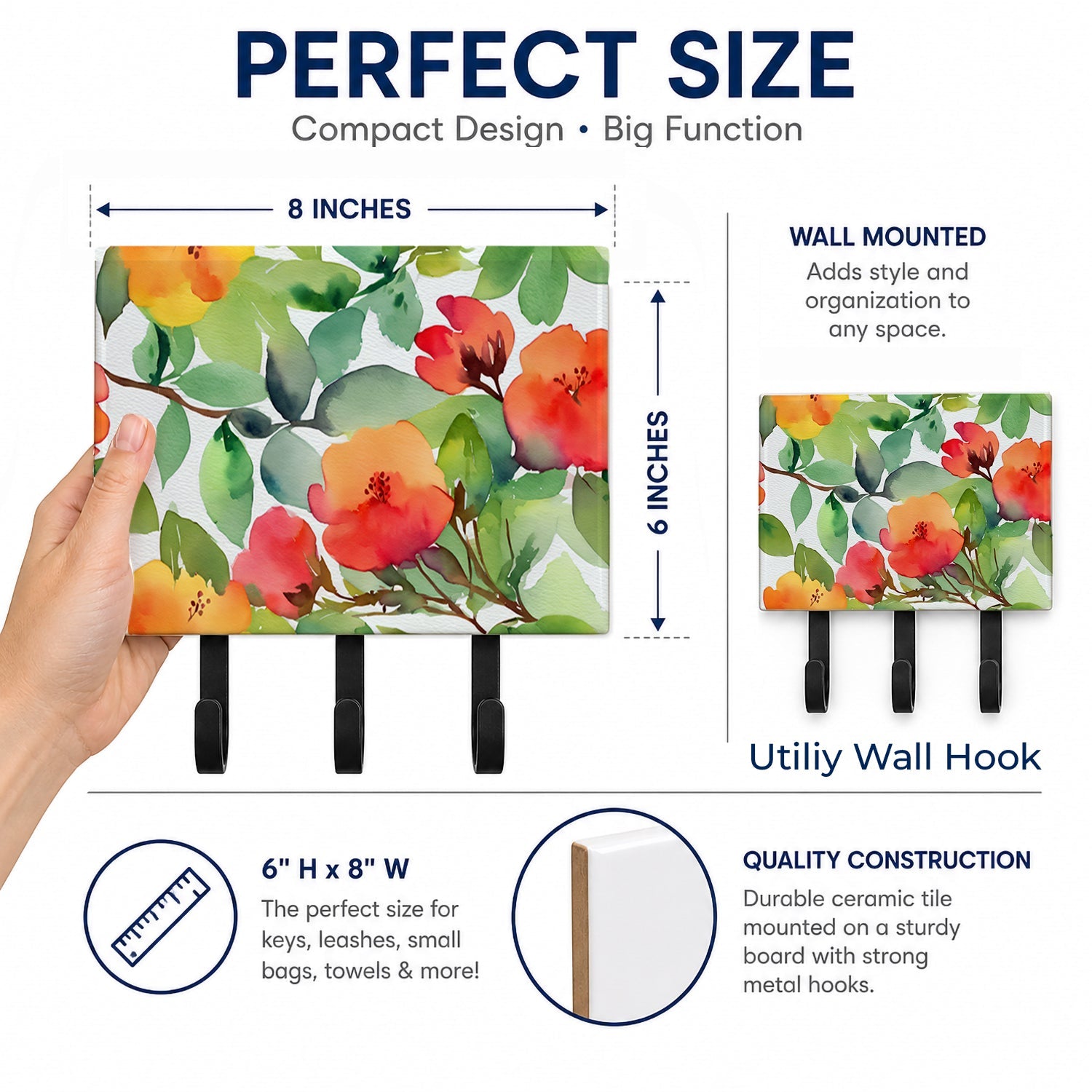 Connecticut Mountain Laurels in Watercolor Leash or Key Holder Wall Hooks, Coat Rack Wall Mount, for Hanging Keys, Towels, Aprons, Leashes
