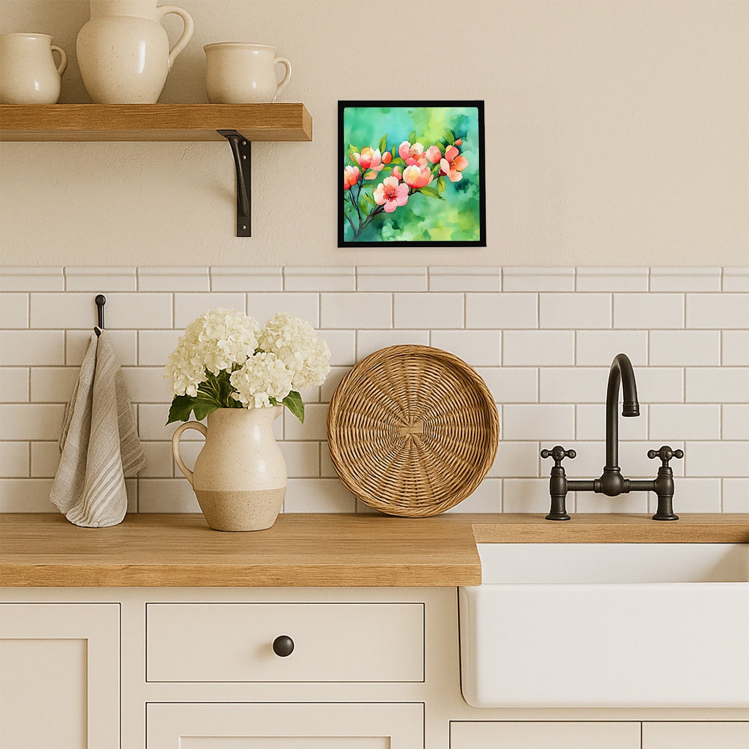 Delaware Peach Blossom in Watercolor Framed Metal Print Bathroom, Kitchen, Office, Home Decor Wall Art Ready to Hang, Square, 8X8