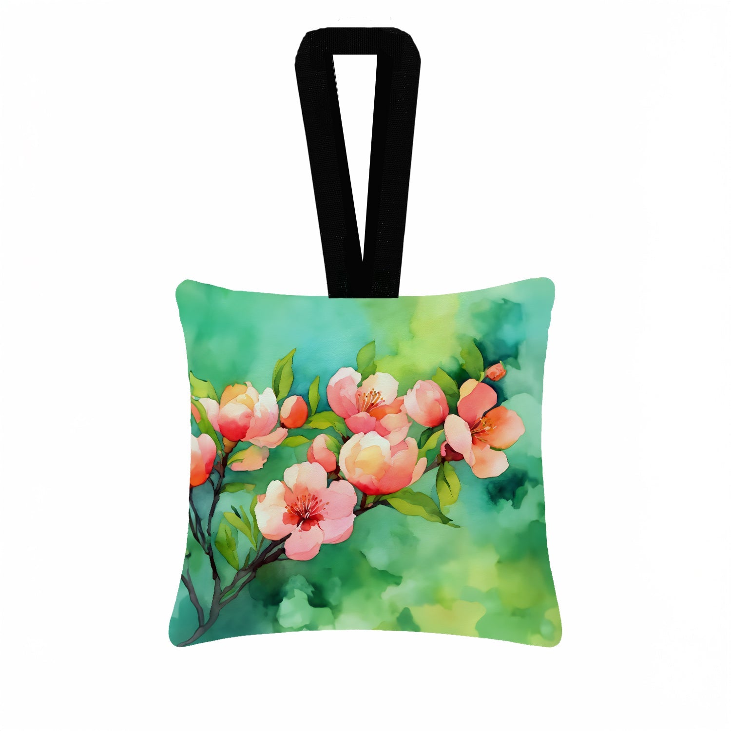 Delaware Peach Blossom in Watercolor Hanging Square Fabric Ornament 3.5 × 3.5 Decorative Door-Knob & Tree Hanger, Soft Fabric