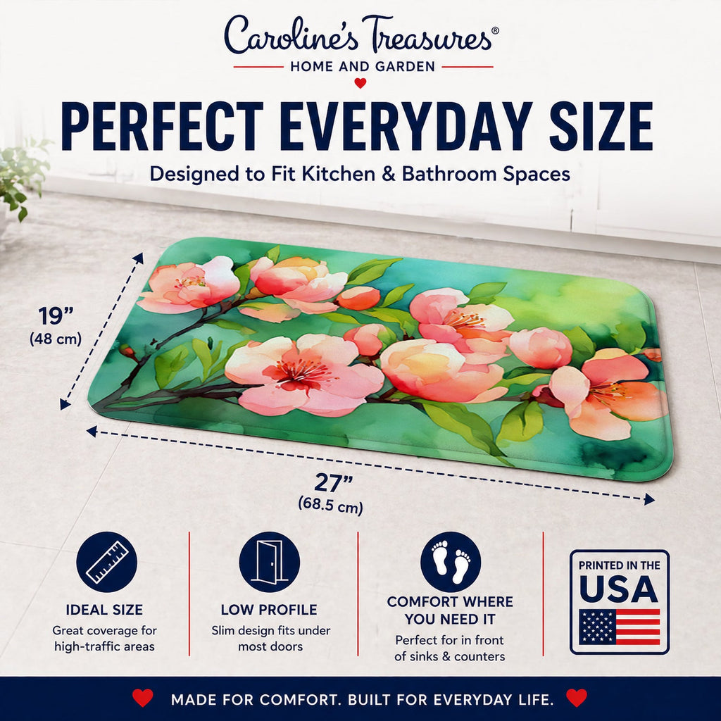 Delaware Peach Blossom in Watercolor Memory Foam Kitchen Mat Machine Washable Anti-Fatigue Cushion Comfort Bath or Kitchen Rug