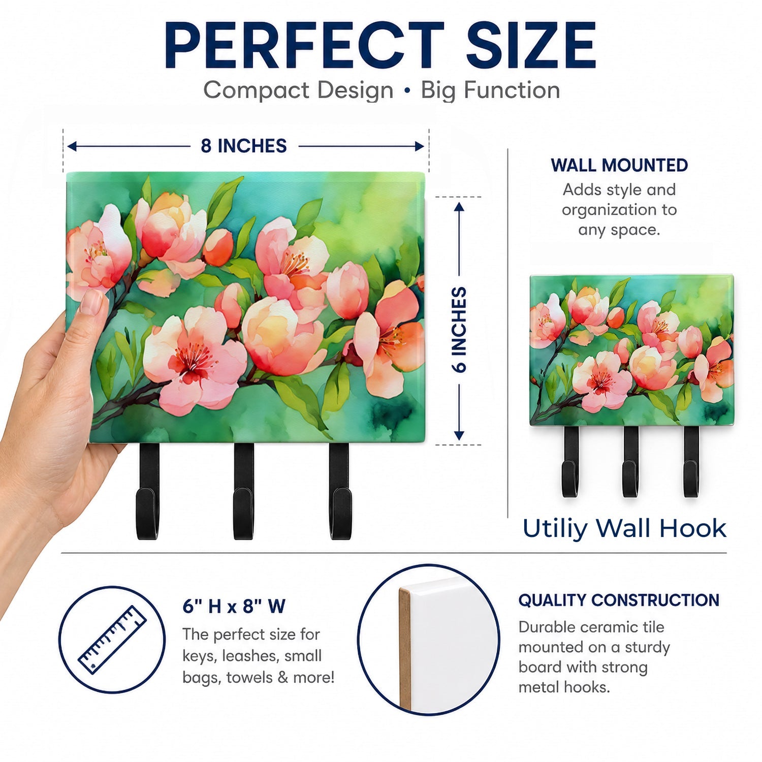 Delaware Peach Blossom in Watercolor Leash or Key Holder Wall Hooks, Coat Rack Wall Mount, for Hanging Keys, Towels, Aprons, Leashes