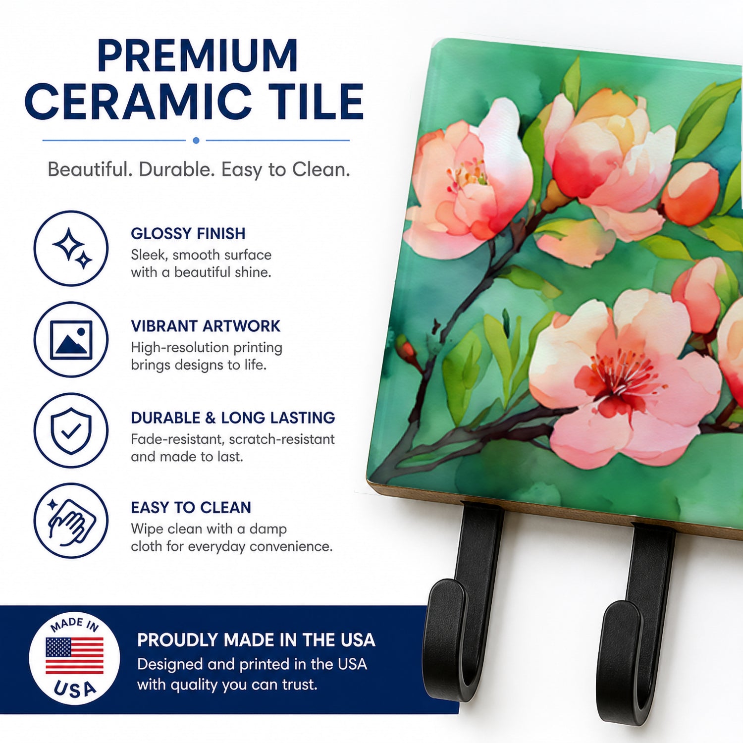 Delaware Peach Blossom in Watercolor Leash or Key Holder Wall Hooks, Coat Rack Wall Mount, for Hanging Keys, Towels, Aprons, Leashes