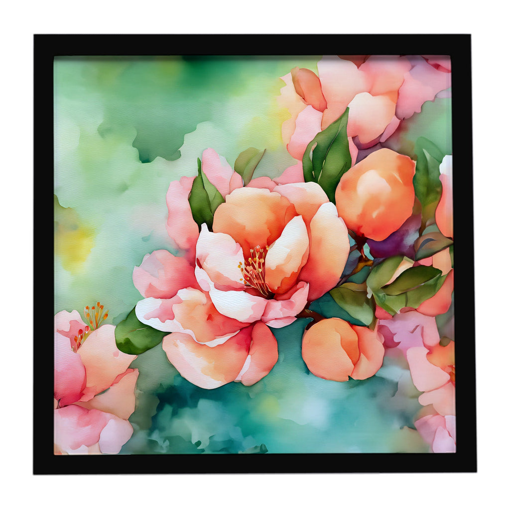 Delaware Peach Blossom in Watercolor Framed Metal Print Bathroom, Kitchen, Office, Home Decor Wall Art Ready to Hang, Square, 8X8