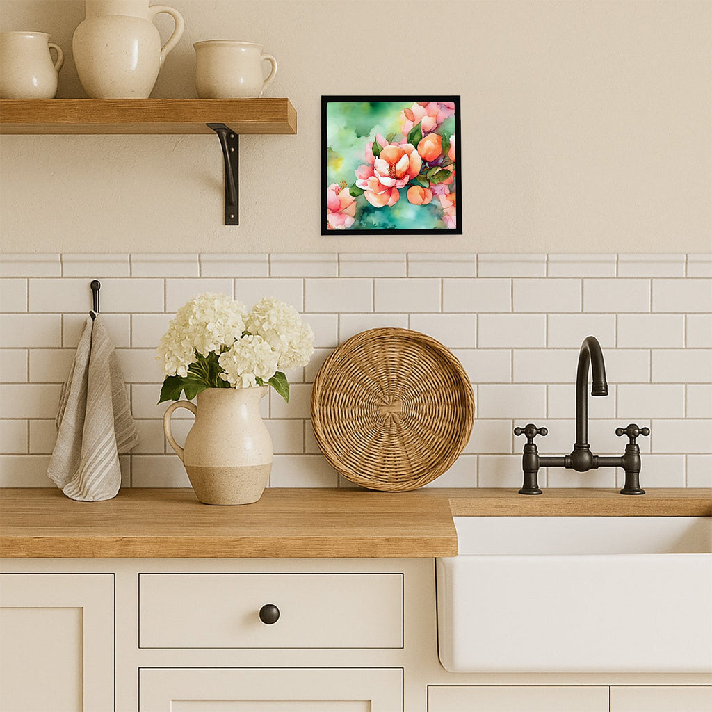 Delaware Peach Blossom in Watercolor Framed Metal Print Bathroom, Kitchen, Office, Home Decor Wall Art Ready to Hang, Square, 8X8