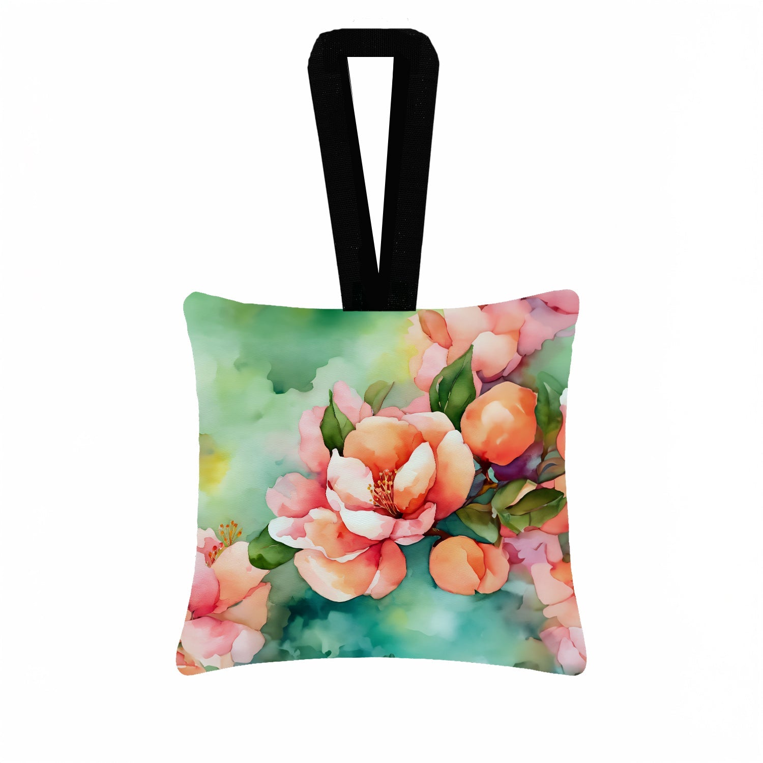 Delaware Peach Blossom in Watercolor Hanging Square Fabric Ornament 3.5 × 3.5 Decorative Door-Knob & Tree Hanger, Soft Fabric