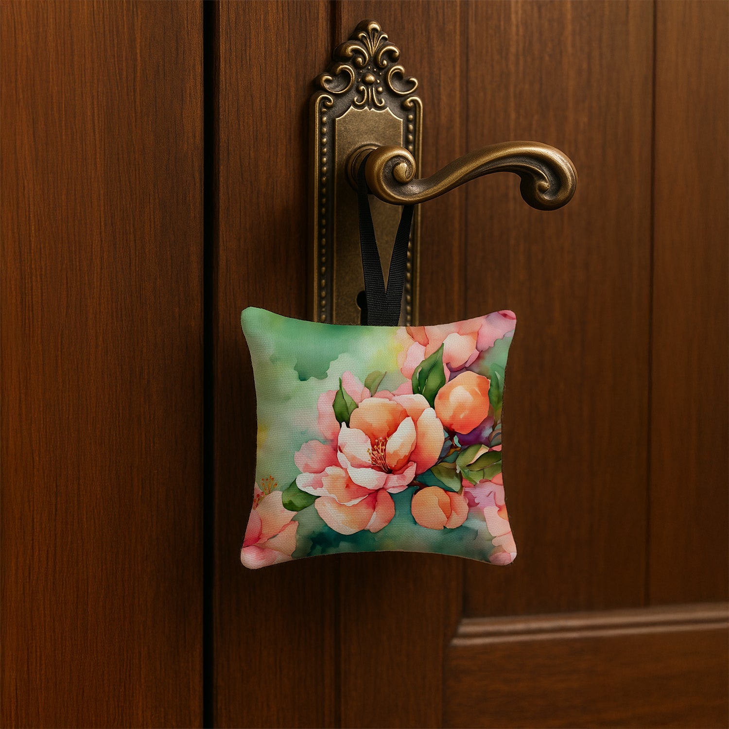 Delaware Peach Blossom in Watercolor Hanging Square Fabric Ornament 3.5 × 3.5 Decorative Door-Knob & Tree Hanger, Soft Fabric