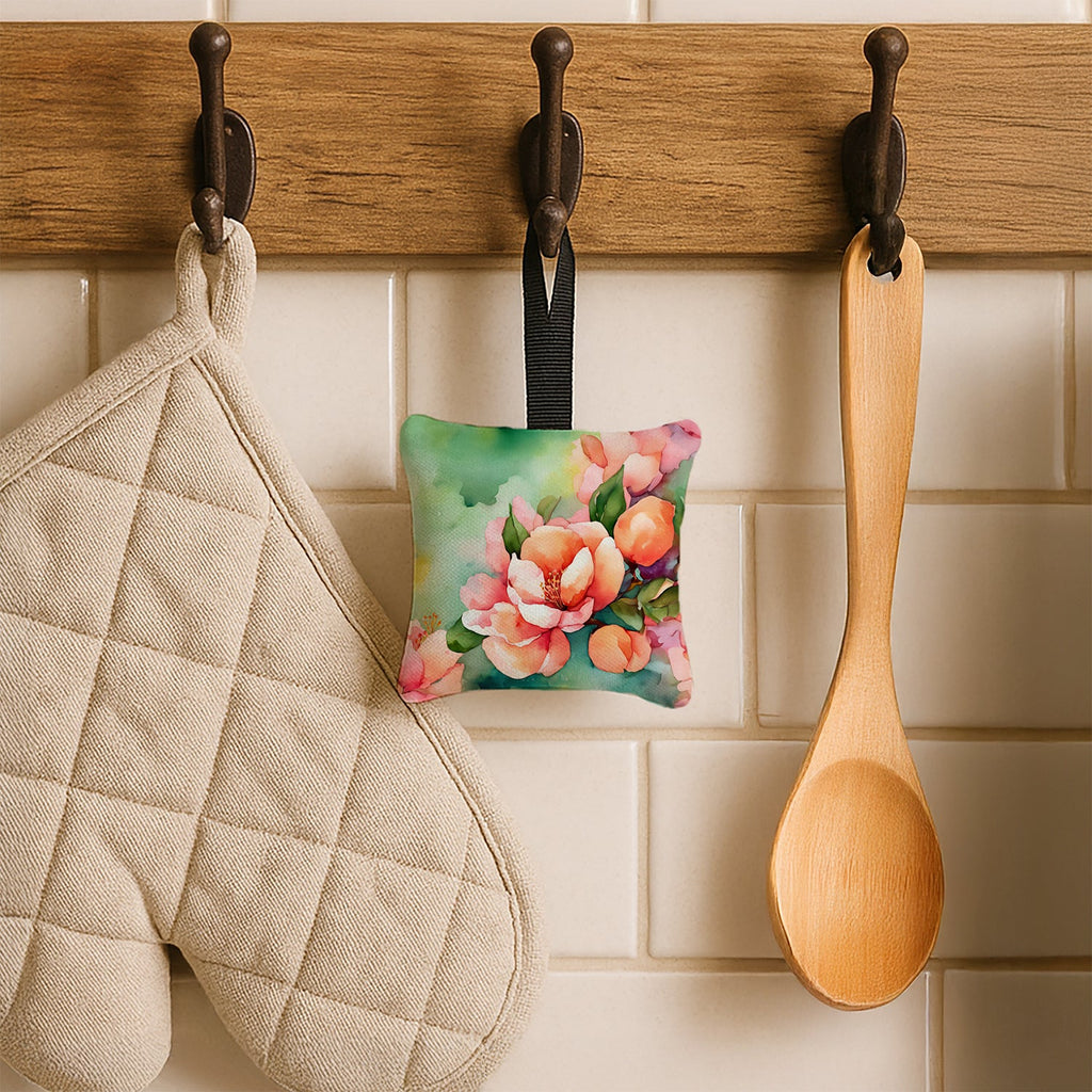 Delaware Peach Blossom in Watercolor Hanging Square Fabric Ornament 3.5 × 3.5 Decorative Door-Knob & Tree Hanger, Soft Fabric