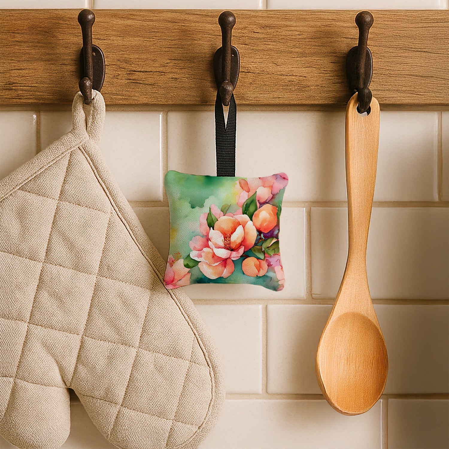 Delaware Peach Blossom in Watercolor Hanging Square Fabric Ornament 3.5 × 3.5 Decorative Door-Knob & Tree Hanger, Soft Fabric