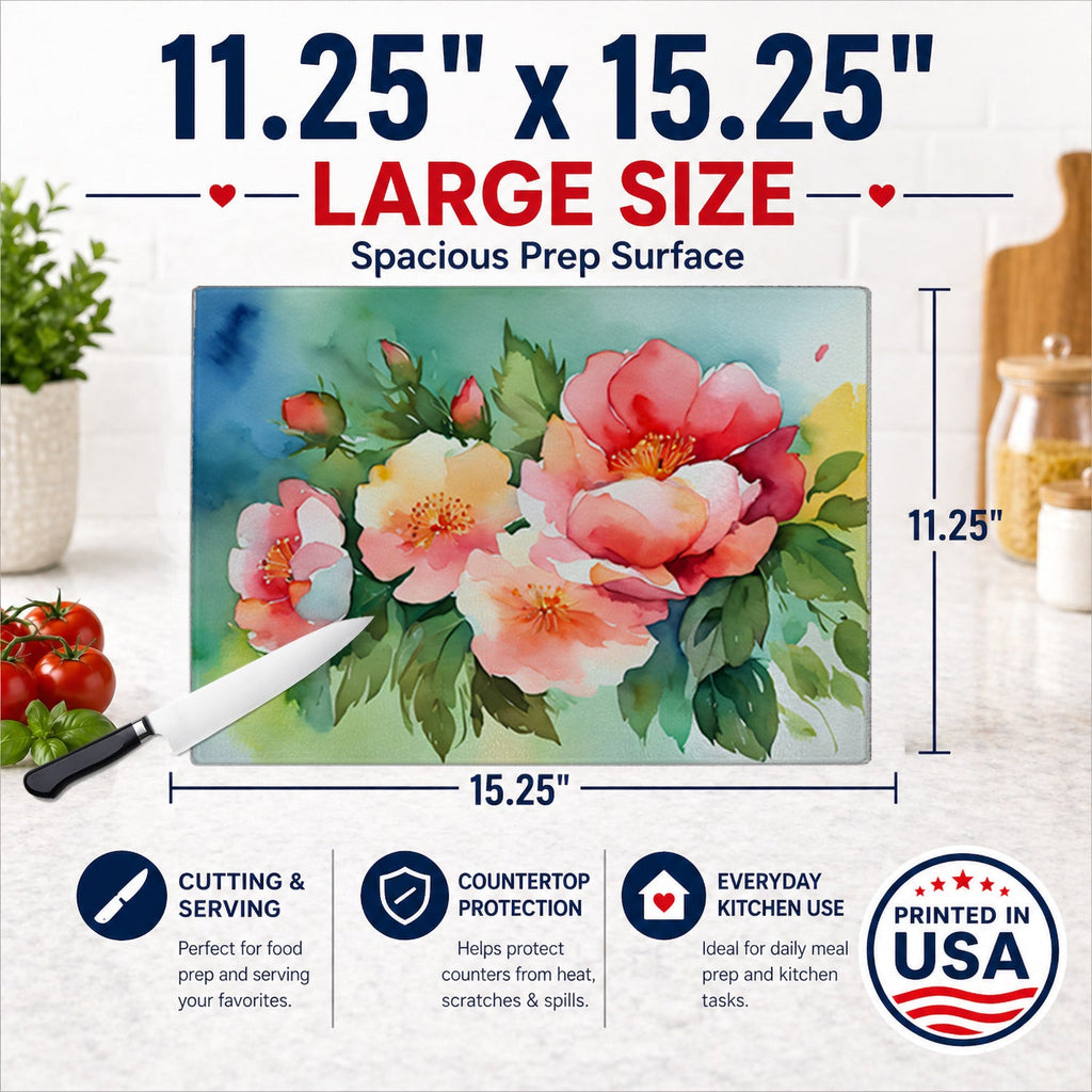 Georgia Cherokee Rose in Watercolor Cutting Board Tempered Glass Kitchen Cutting Surface, Heat Resistant Chopping, Non-Slip Feet, Food Prep & Serving