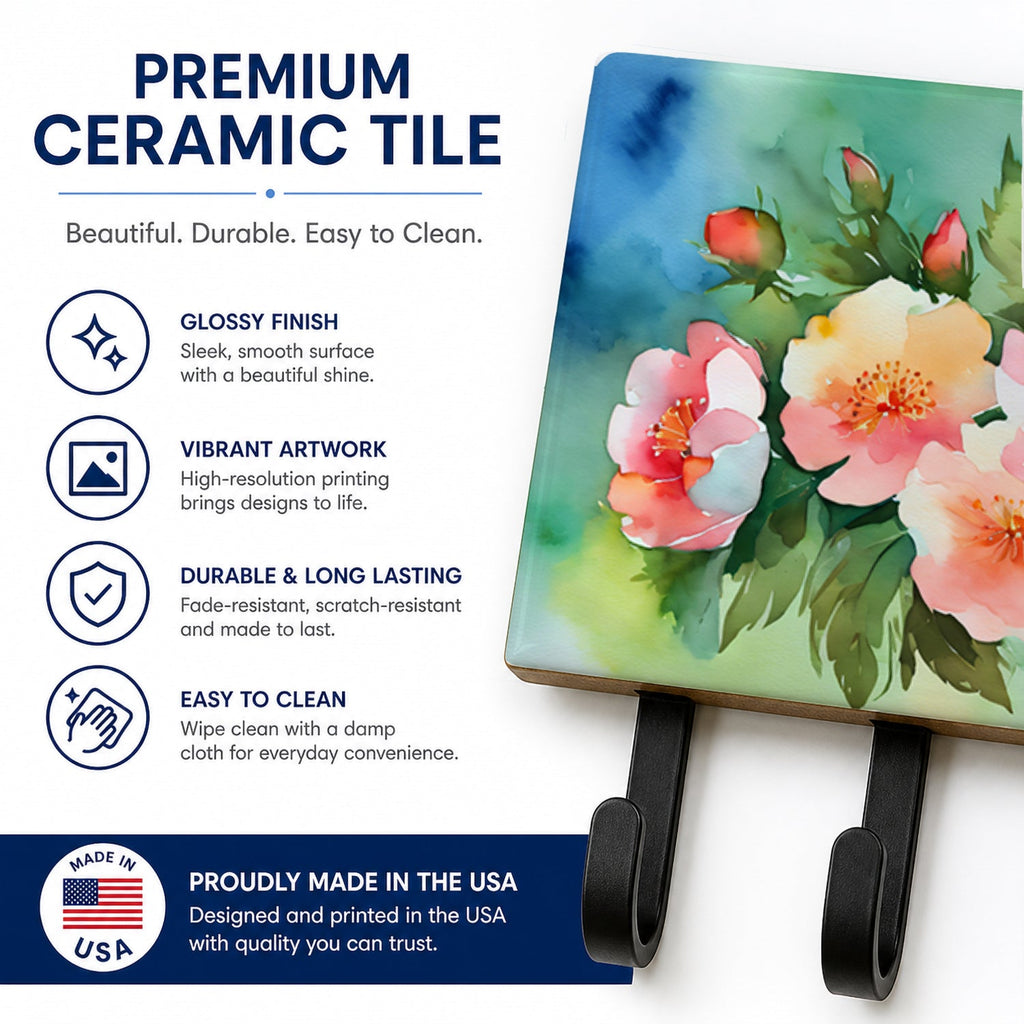 Georgia Cherokee Rose in Watercolor Leash or Key Holder Wall Hooks, Coat Rack Wall Mount, for Hanging Keys, Towels, Aprons, Leashes