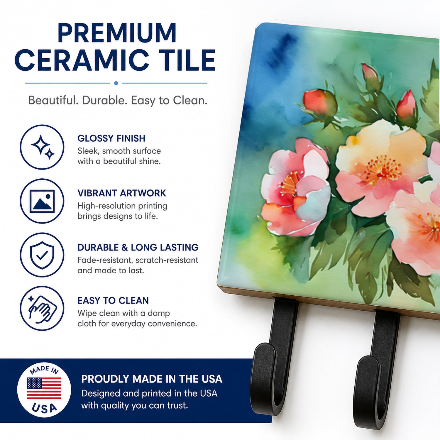 Georgia Cherokee Rose in Watercolor Leash or Key Holder Wall Hooks, Coat Rack Wall Mount, for Hanging Keys, Towels, Aprons, Leashes