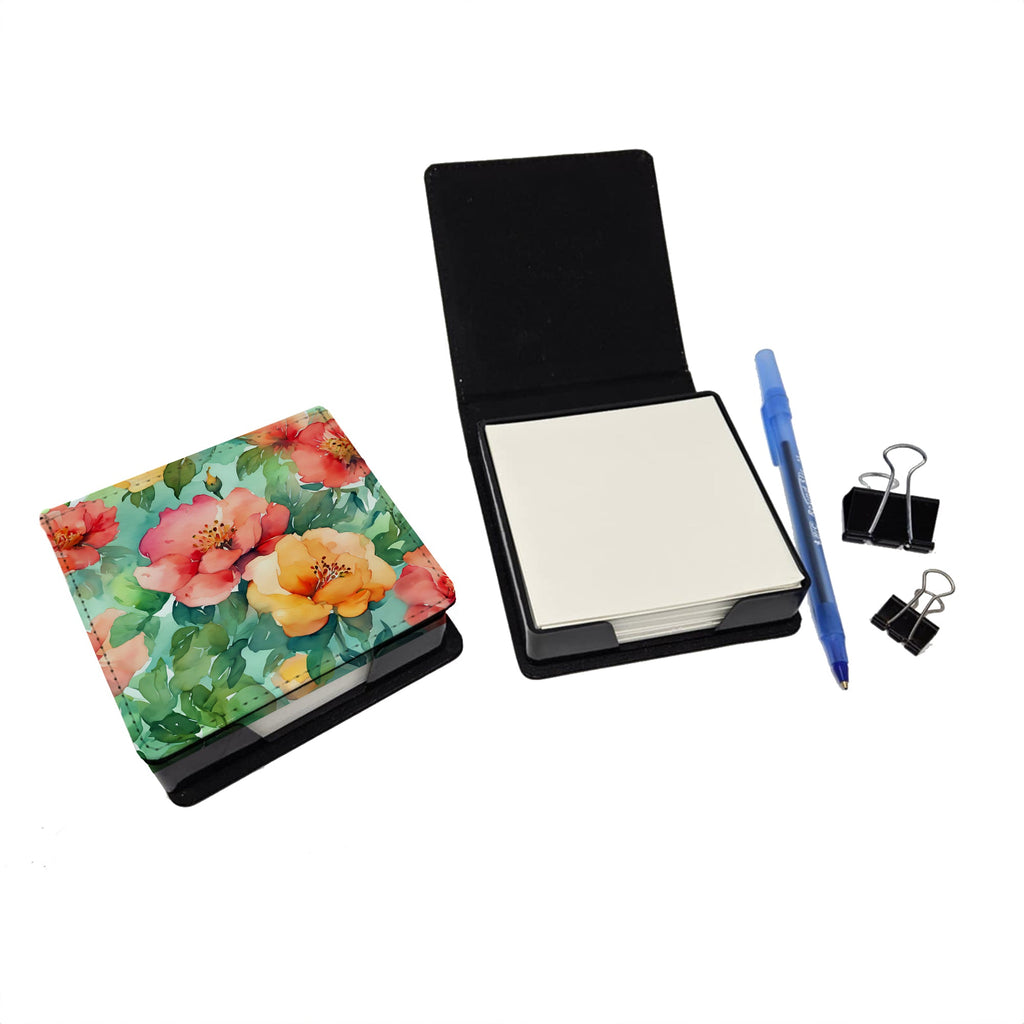 Georgia Cherokee Rose in Watercolor PU Leather Note Paper Holder with Artist-Designed Cover, Desk Accessory, Office Gift