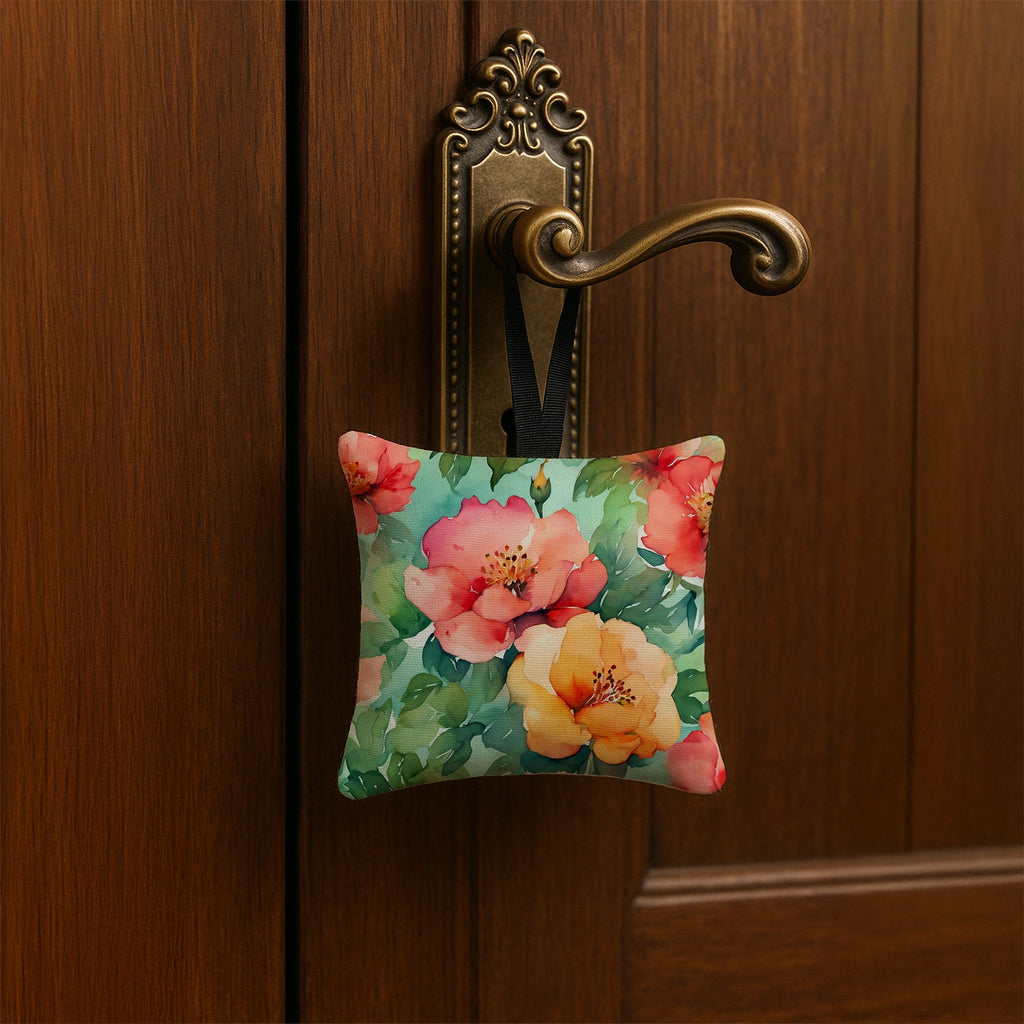 Georgia Cherokee Rose in Watercolor Hanging Square Fabric Ornament 3.5 × 3.5 Decorative Door-Knob & Tree Hanger, Soft Fabric