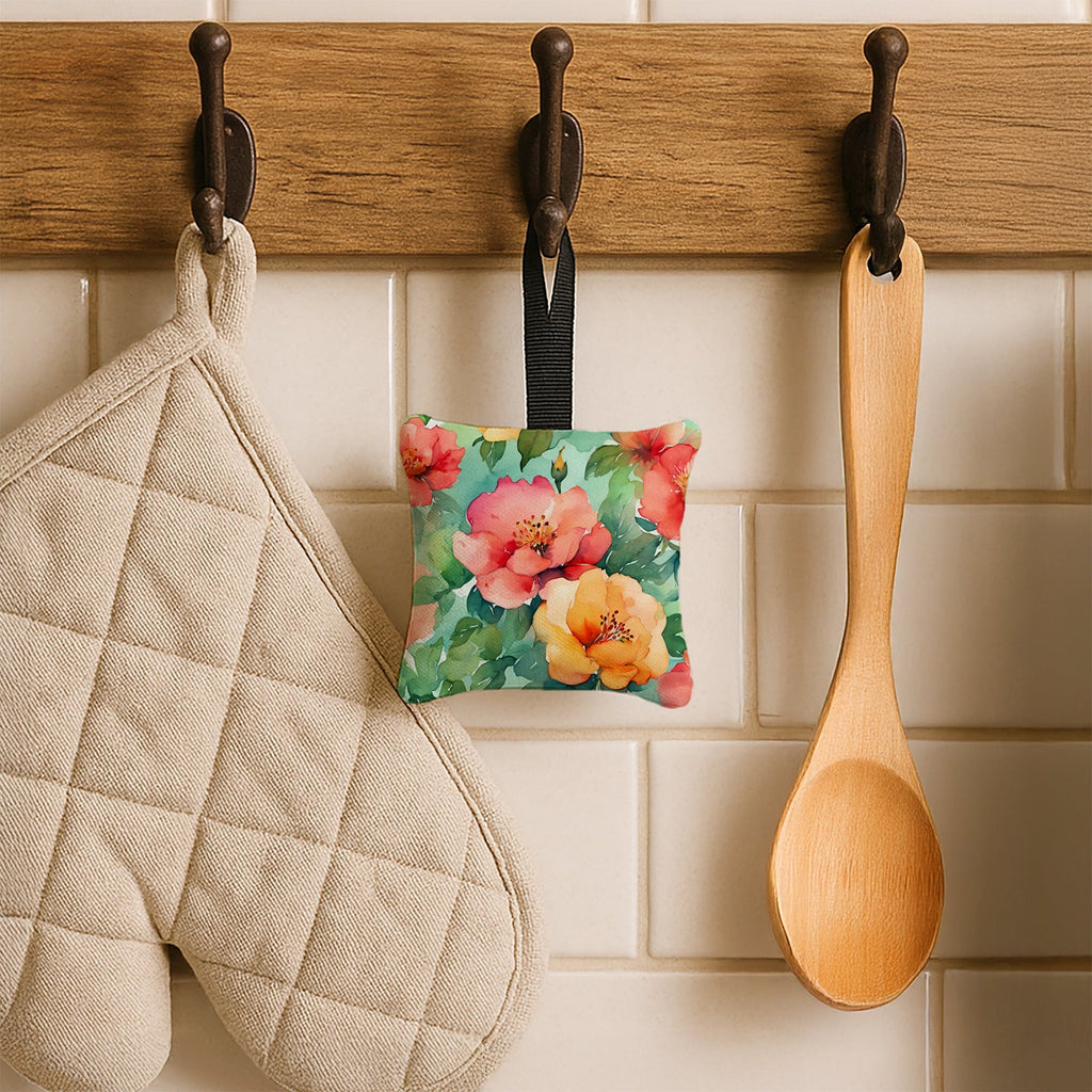 Georgia Cherokee Rose in Watercolor Hanging Square Fabric Ornament 3.5 × 3.5 Decorative Door-Knob & Tree Hanger, Soft Fabric