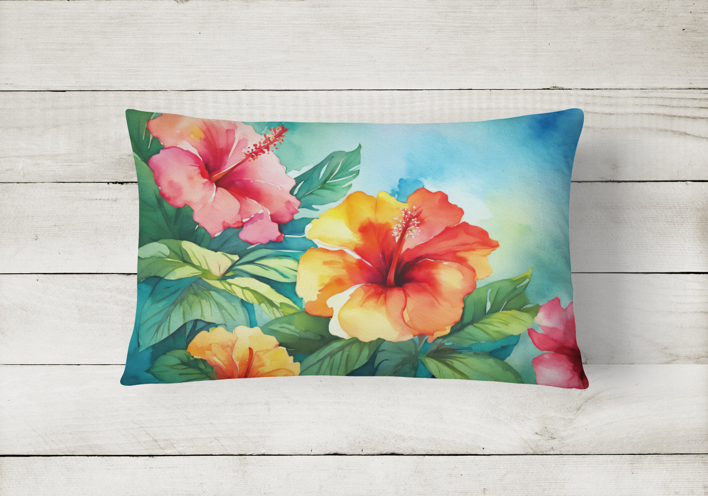 Hawaii Hawaiian Hibiscus in Watercolor Decorative Throw Pillow 12x16 Indoor Outdoor Accent Cushion, Fabric Cover with Insert for Sofa, Bed, Porch & Living Room