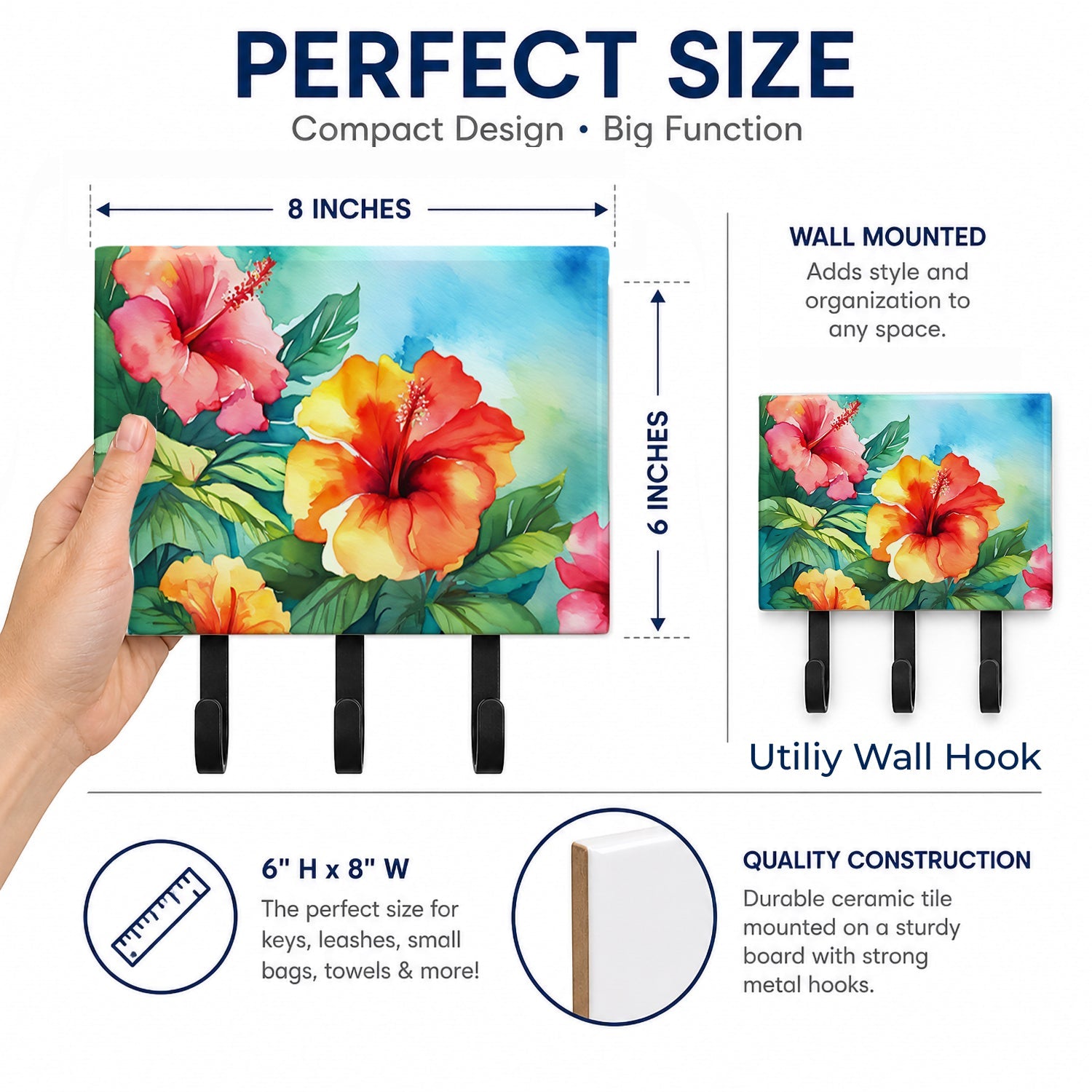 Hawaii Hawaiian Hibiscus in Watercolor Leash or Key Holder Wall Hooks, Coat Rack Wall Mount, for Hanging Keys, Towels, Aprons, Leashes