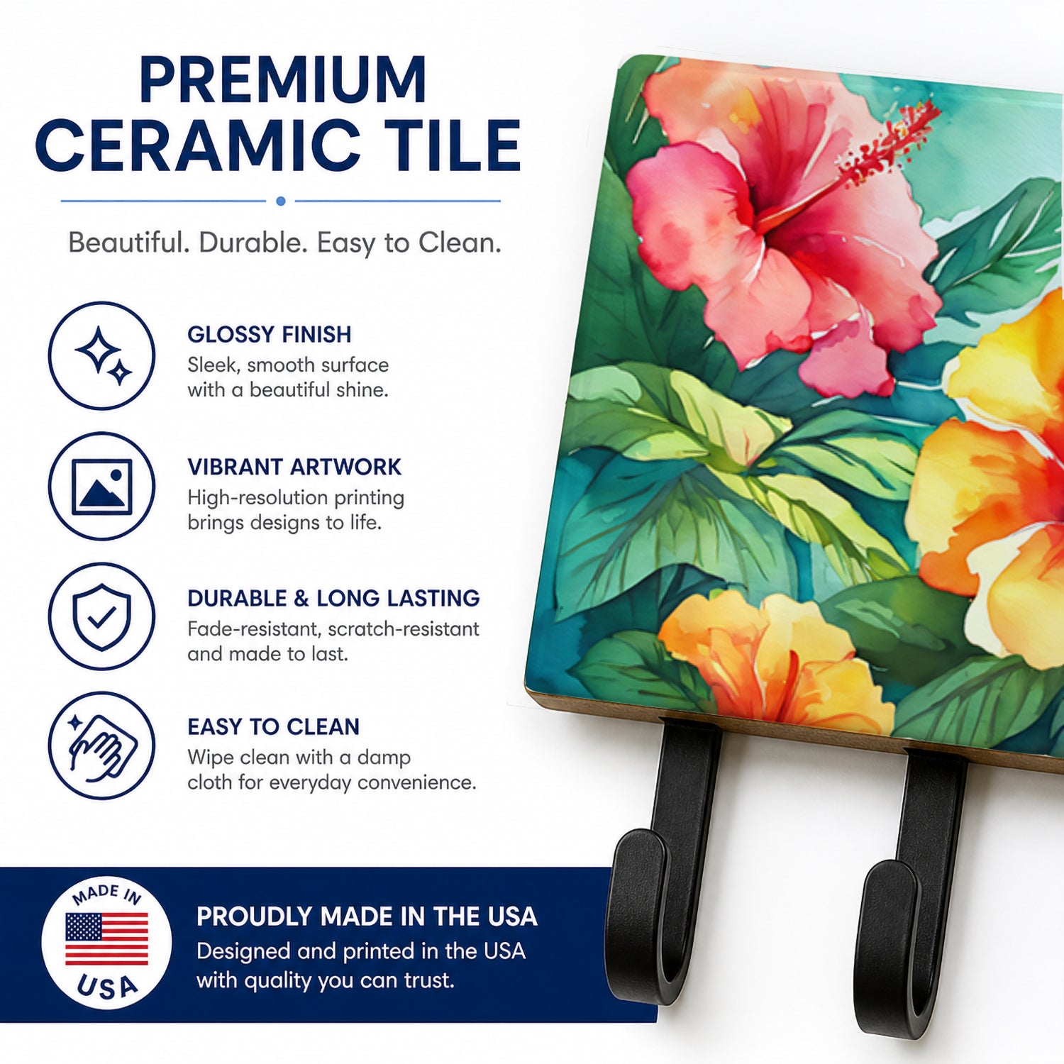 Hawaii Hawaiian Hibiscus in Watercolor Leash or Key Holder Wall Hooks, Coat Rack Wall Mount, for Hanging Keys, Towels, Aprons, Leashes