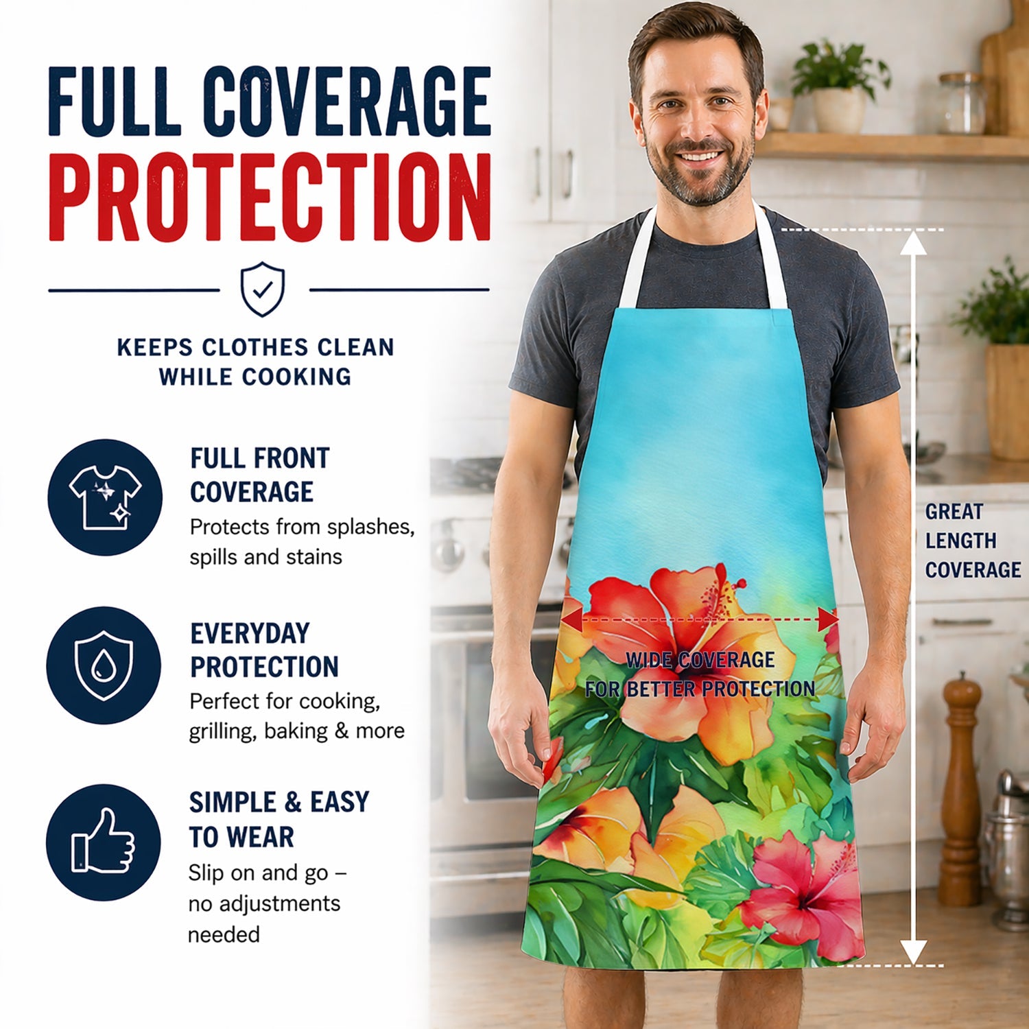 Hawaii Hawaiian Hibiscus in Watercolor Apron Cooking Kitchen Server Baking Crafts Gardening for Adult Women Men, Unisex, Large, Multicolor