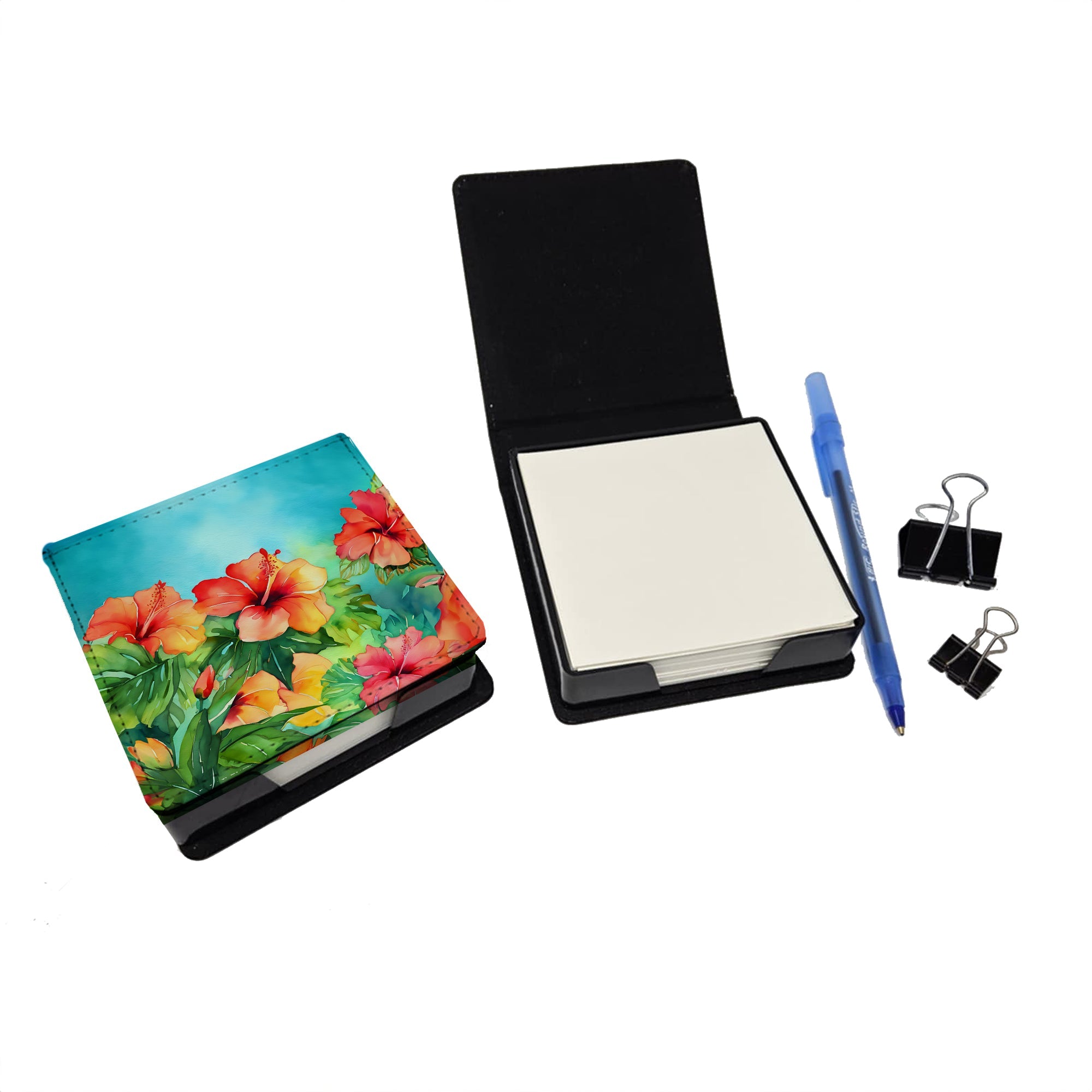Hawaii Hawaiian Hibiscus in Watercolor PU Leather Note Paper Holder with Artist-Designed Cover, Desk Accessory, Office Gift