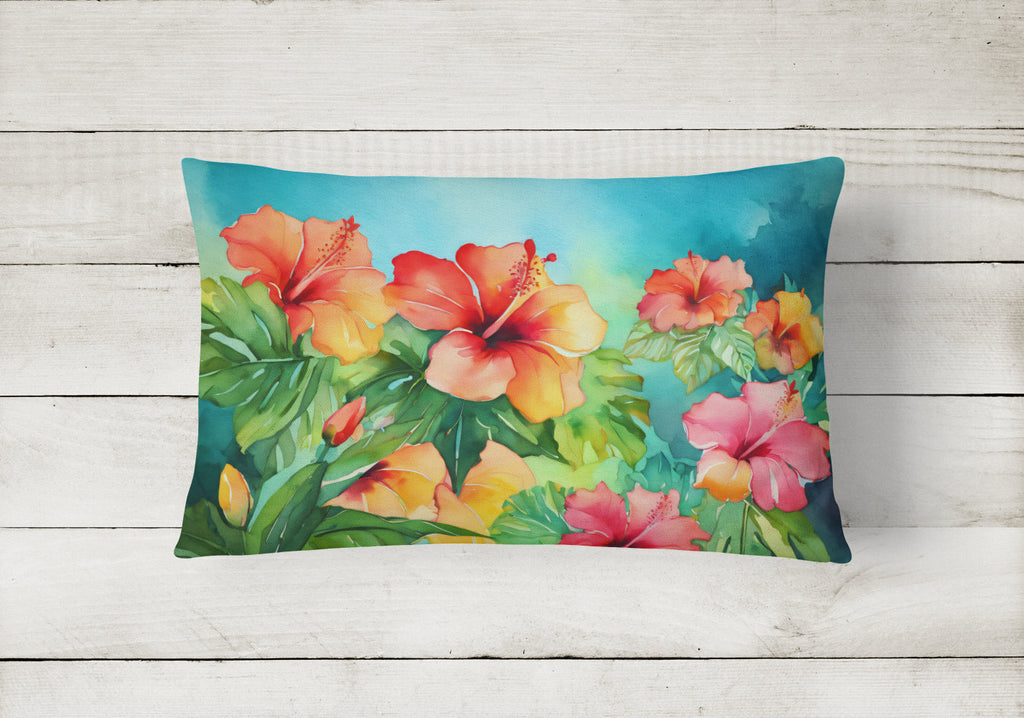 Hawaii Hawaiian Hibiscus in Watercolor Decorative Throw Pillow 12x16 Indoor Outdoor Accent Cushion, Fabric Cover with Insert for Sofa, Bed, Porch & Living Room