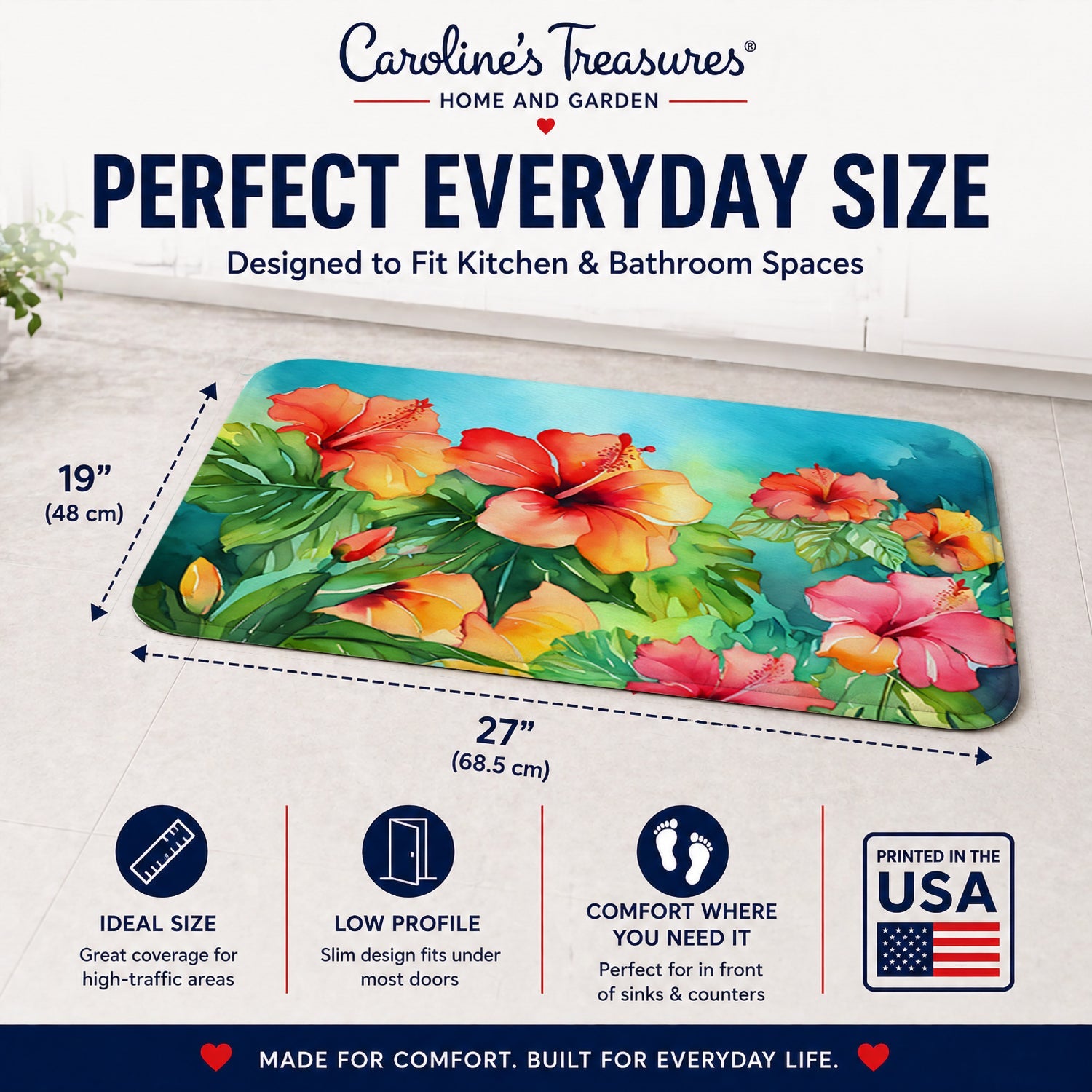 Hawaii Hawaiian Hibiscus in Watercolor Memory Foam Kitchen Mat Machine Washable Anti-Fatigue Cushion Comfort Bath or Kitchen Rug