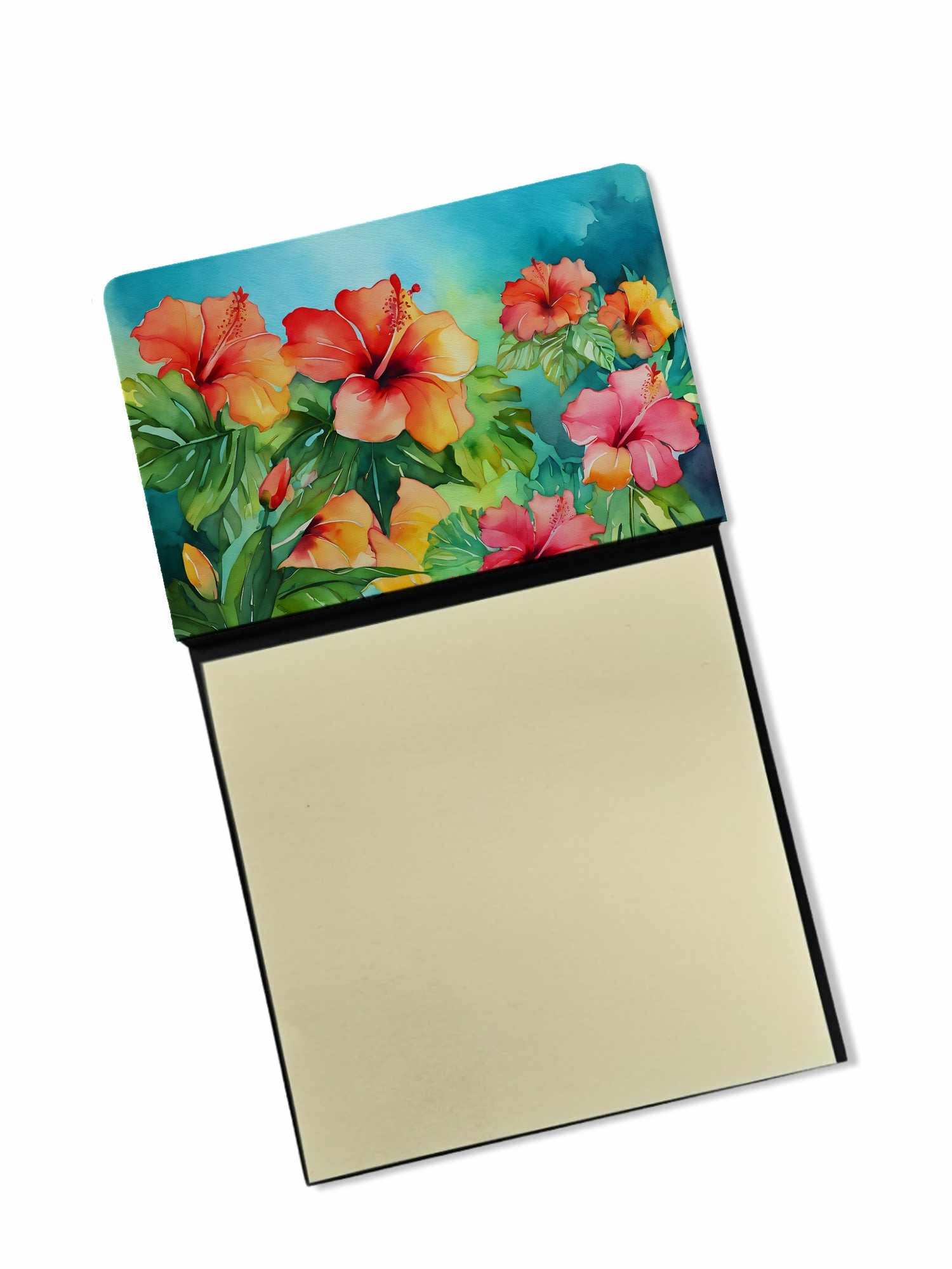 Hawaii Hawaiian Hibiscus in Watercolor Watercolor Sticky Note Holder Refillable Dispenser Desk Accessory 3x3 Pad Gift