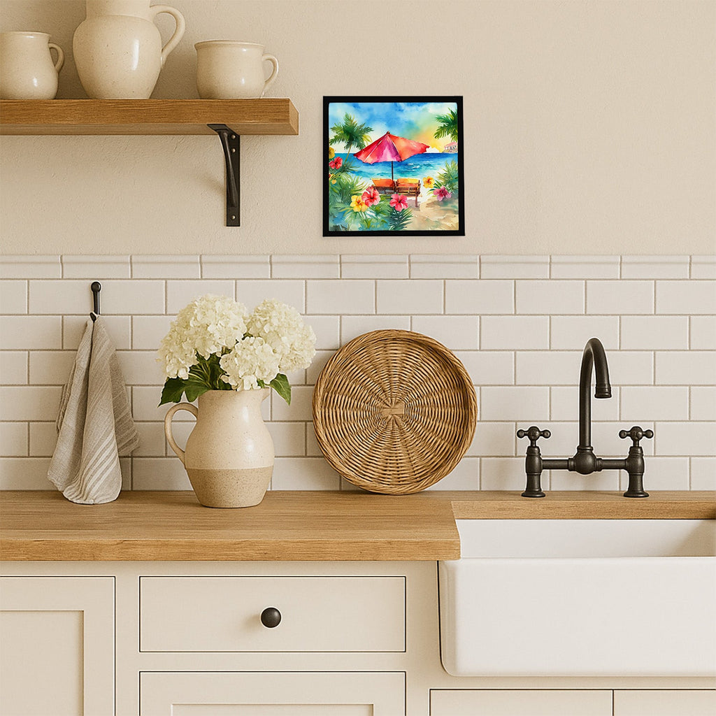 Hawaii Hawaiian Hibiscus in Watercolor Framed Metal Print Bathroom, Kitchen, Office, Home Decor Wall Art Ready to Hang, Square, 8X8