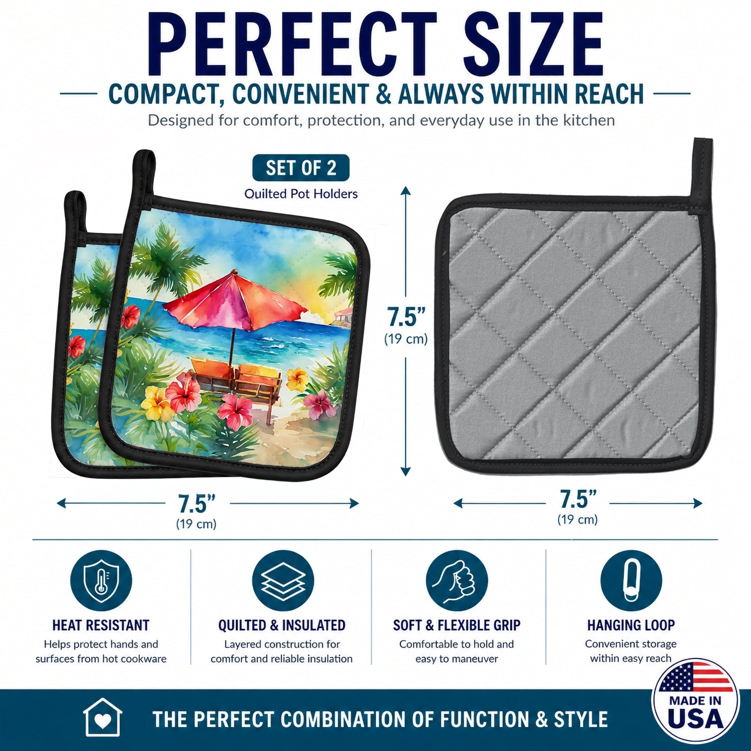 Hawaii Hawaiian Hibiscus in Watercolor Pot Holder Set of 2 Heat Resistant Quilted Hot Pads 7.5 x 7.5 Inch, Insulated Kitchen Trivets for Cooking & Baking