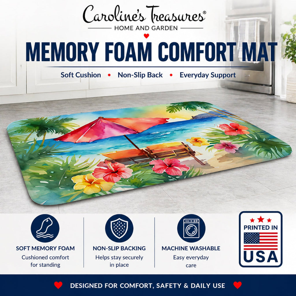 Hawaii Hawaiian Hibiscus in Watercolor Memory Foam Kitchen Mat Machine Washable Anti-Fatigue Cushion Comfort Bath or Kitchen Rug