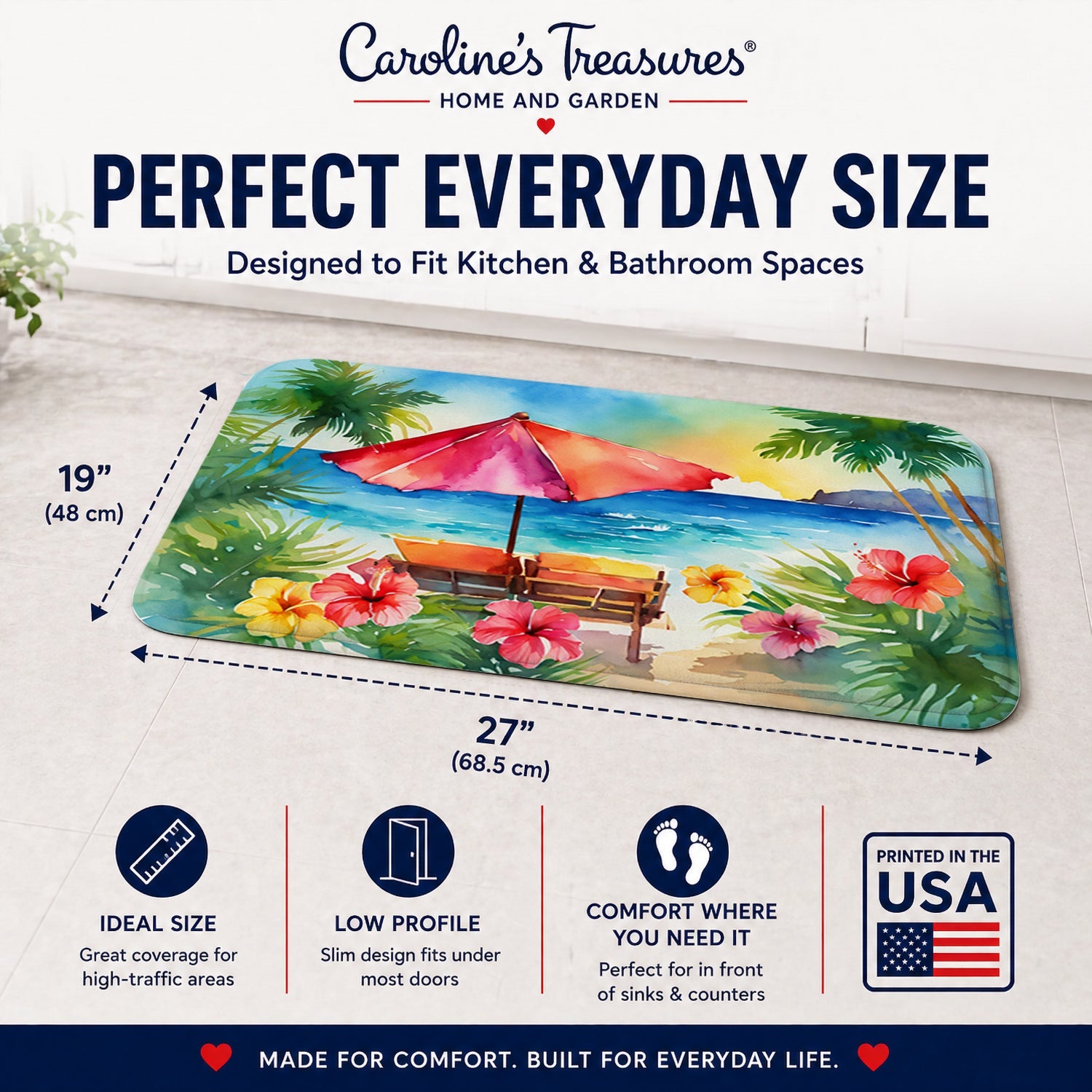 Hawaii Hawaiian Hibiscus in Watercolor Memory Foam Kitchen Mat Machine Washable Anti-Fatigue Cushion Comfort Bath or Kitchen Rug