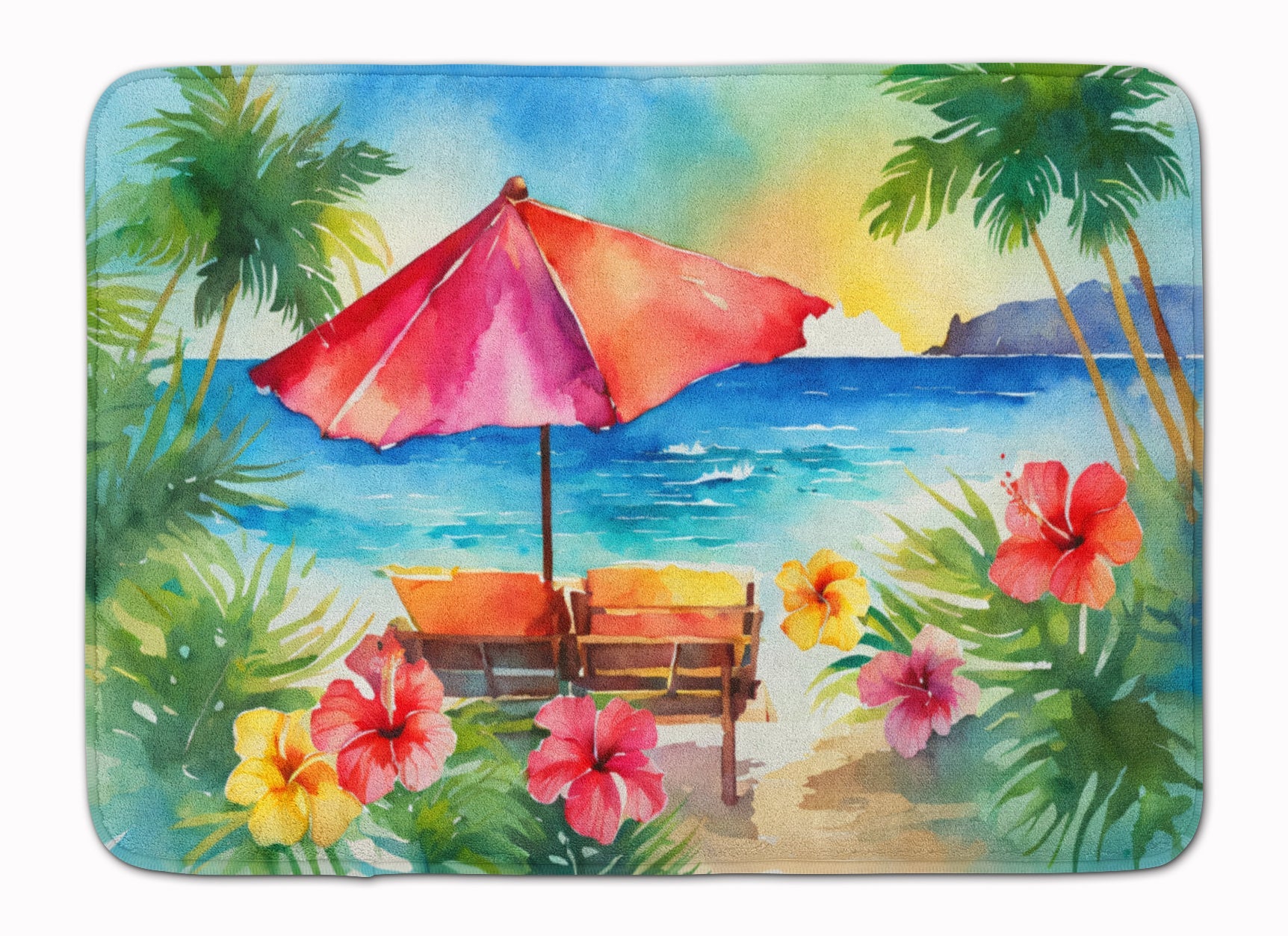 Hawaii Hawaiian Hibiscus in Watercolor Memory Foam Kitchen Mat Machine Washable Anti-Fatigue Cushion Comfort Bath or Kitchen Rug