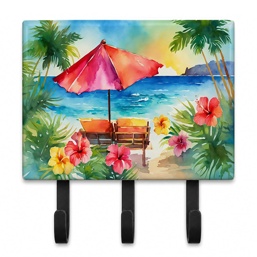 Hawaii Hawaiian Hibiscus in Watercolor Leash or Key Holder Wall Hooks, Coat Rack Wall Mount, for Hanging Keys, Towels, Aprons, Leashes