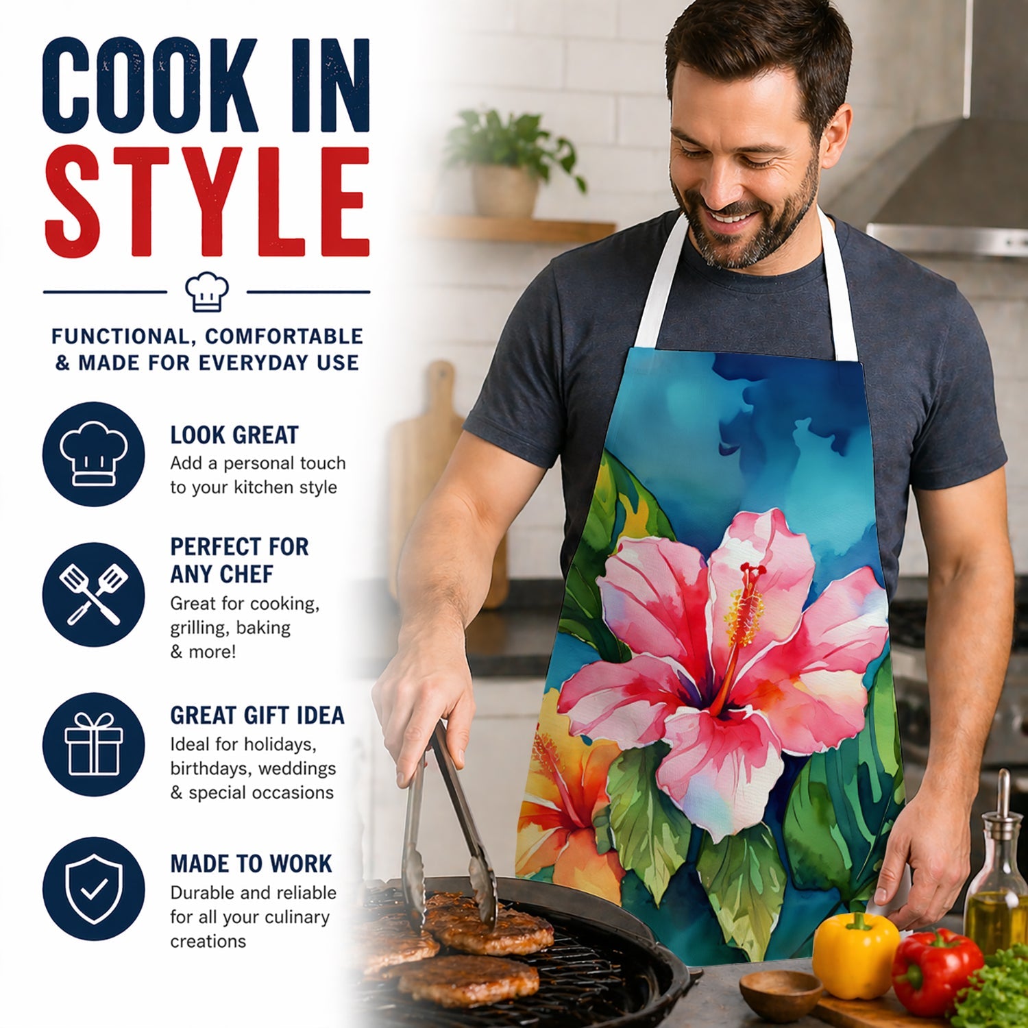 Hawaii Hawaiian Hibiscus in Watercolor Apron Cooking Kitchen Server Baking Crafts Gardening for Adult Women Men, Unisex, Large, Multicolor