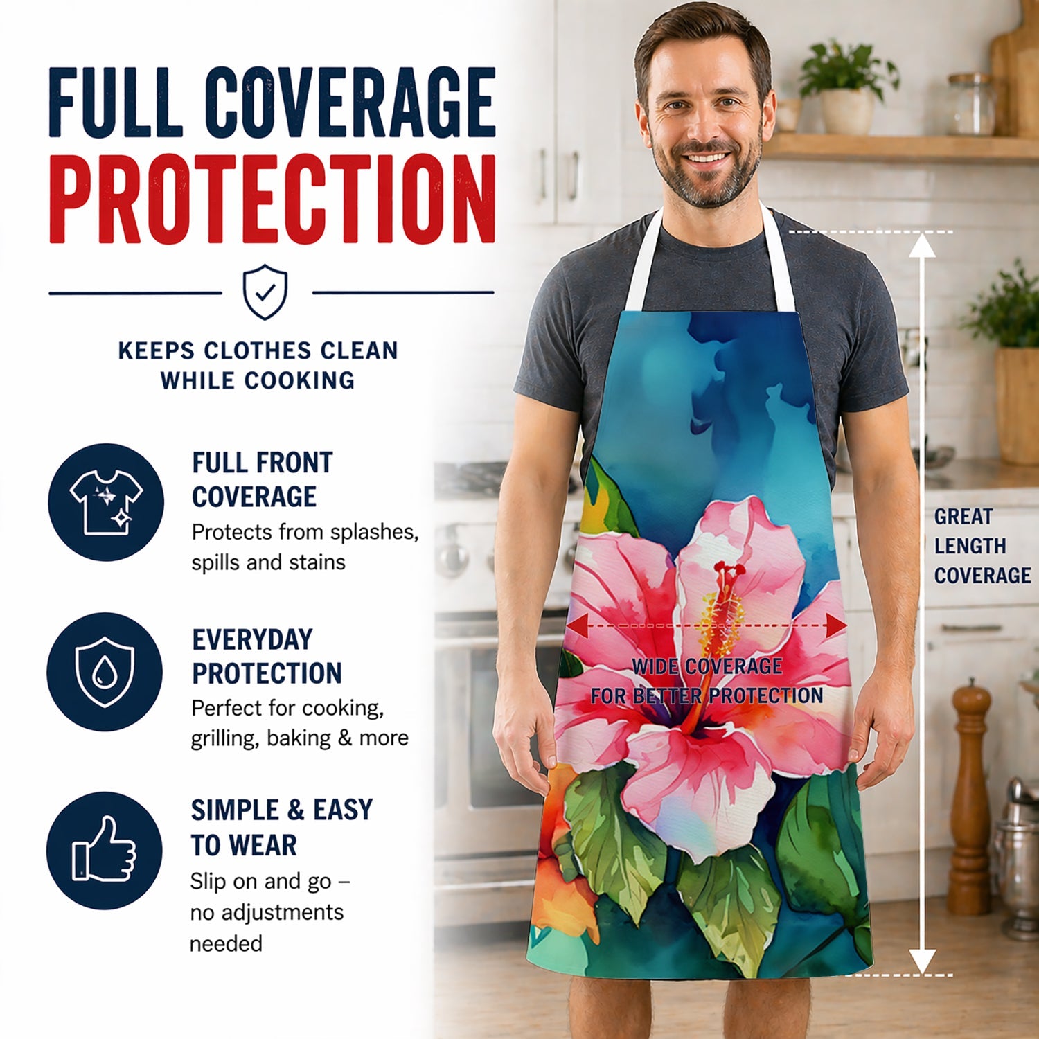 Hawaii Hawaiian Hibiscus in Watercolor Apron Cooking Kitchen Server Baking Crafts Gardening for Adult Women Men, Unisex, Large, Multicolor