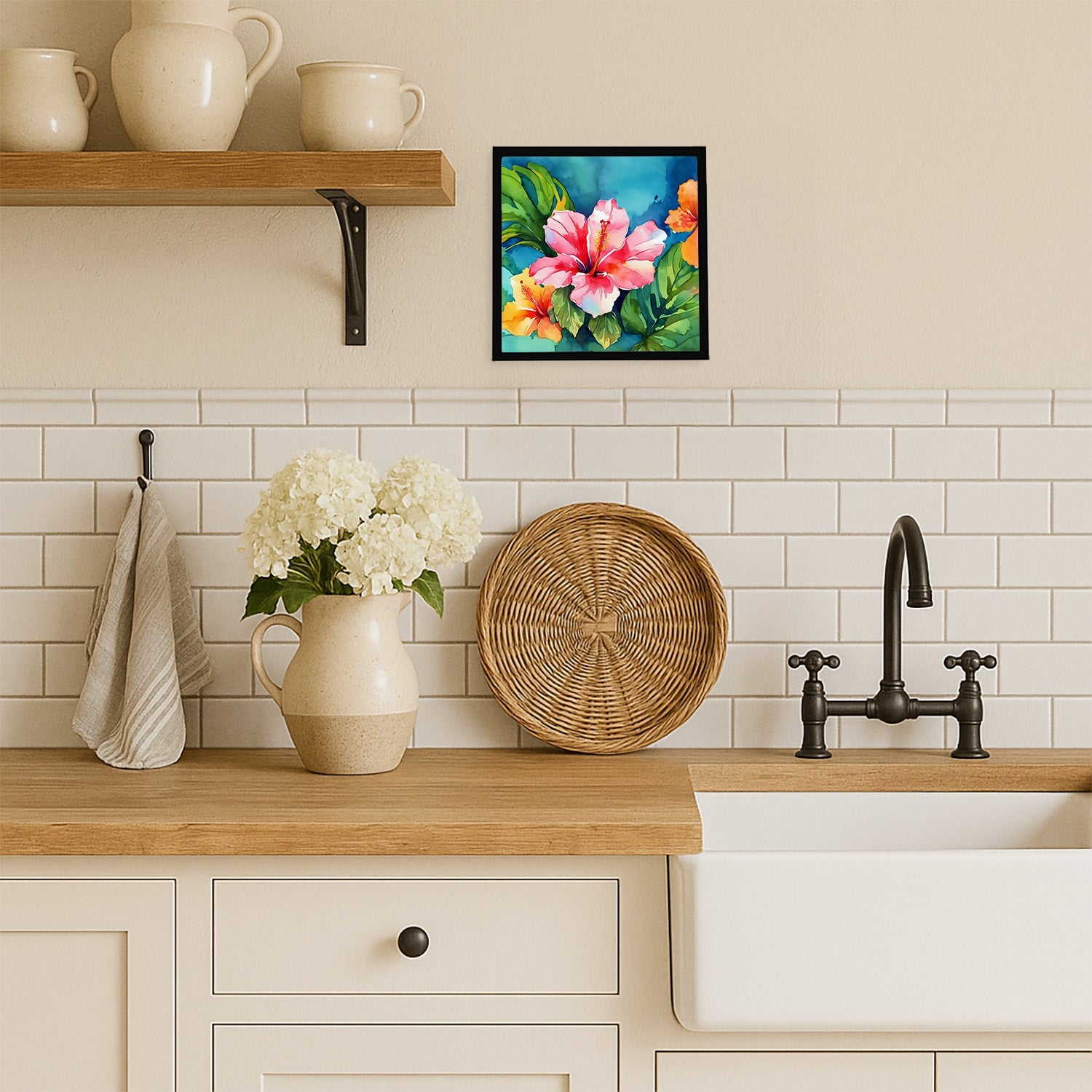 Hawaii Hawaiian Hibiscus in Watercolor Framed Metal Print Bathroom, Kitchen, Office, Home Decor Wall Art Ready to Hang, Square, 8X8