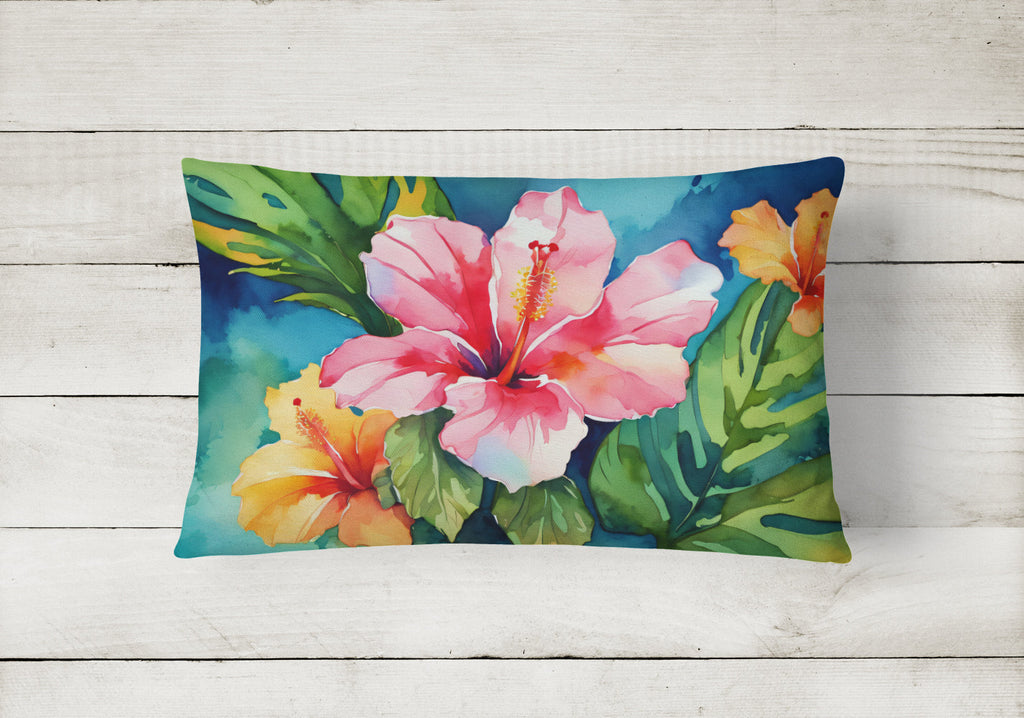 Hawaii Hawaiian Hibiscus in Watercolor Decorative Throw Pillow 12x16 Indoor Outdoor Accent Cushion, Fabric Cover with Insert for Sofa, Bed, Porch & Living Room