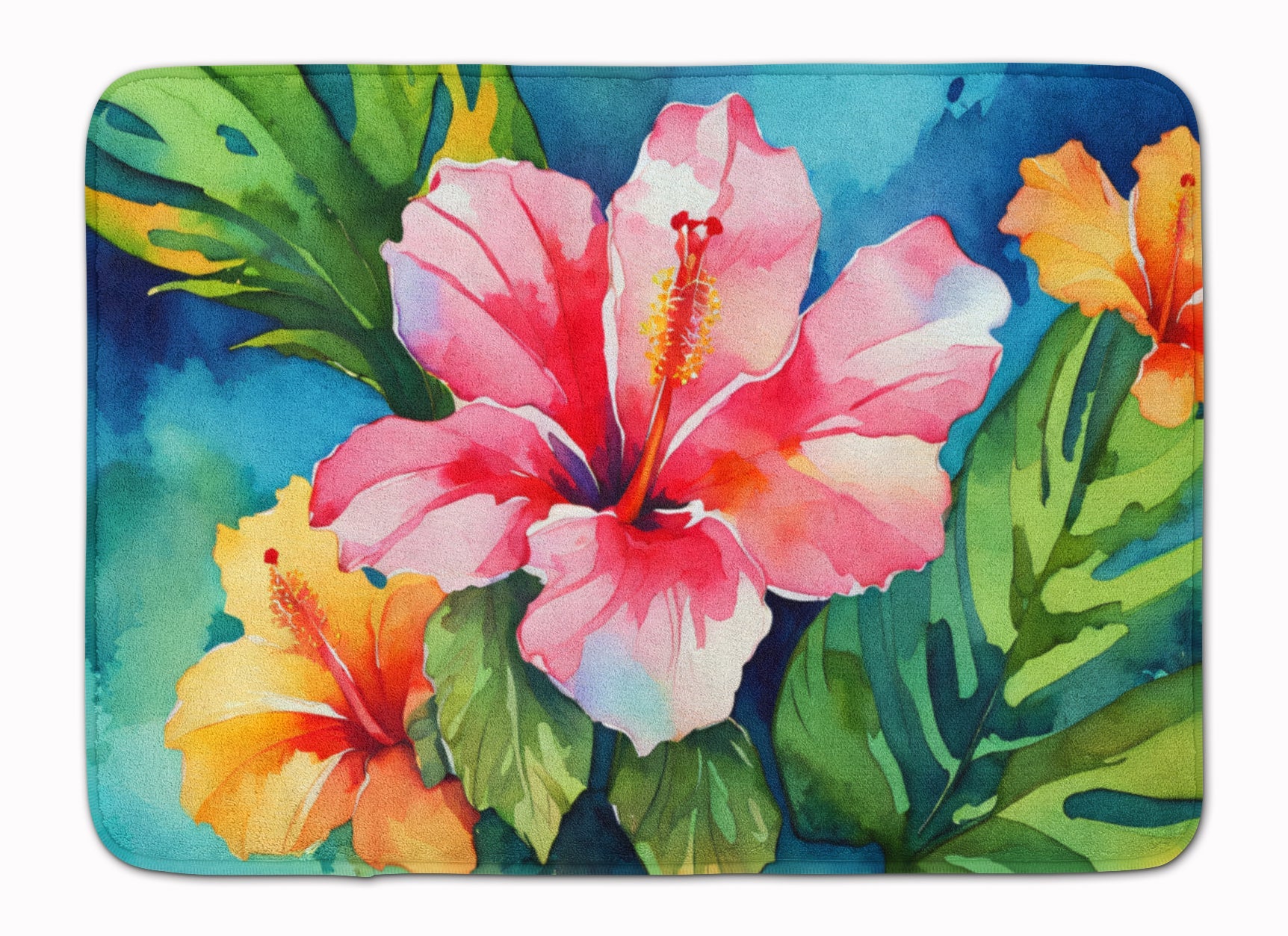 Hawaii Hawaiian Hibiscus in Watercolor Memory Foam Kitchen Mat Machine Washable Anti-Fatigue Cushion Comfort Bath or Kitchen Rug