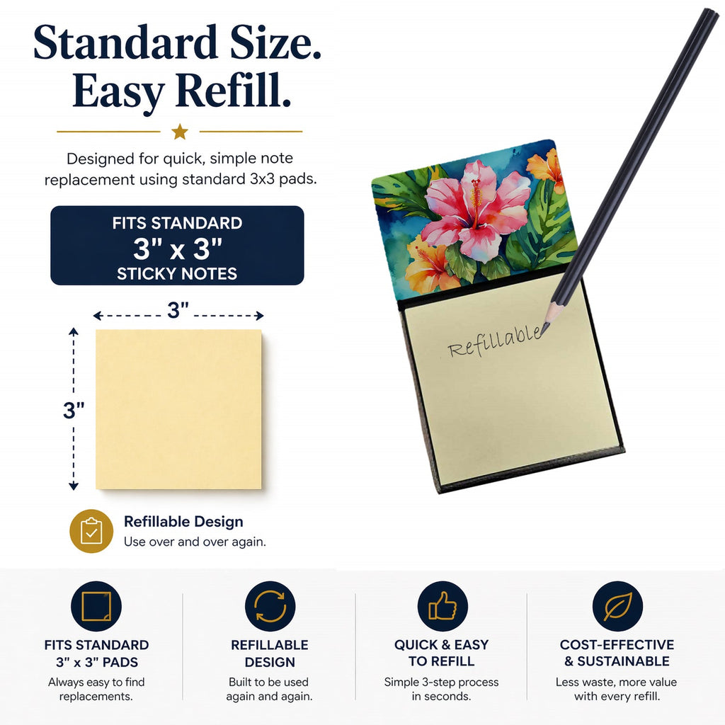 Hawaii Hawaiian Hibiscus in Watercolor Watercolor Sticky Note Holder Refillable Dispenser Desk Accessory 3x3 Pad Gift