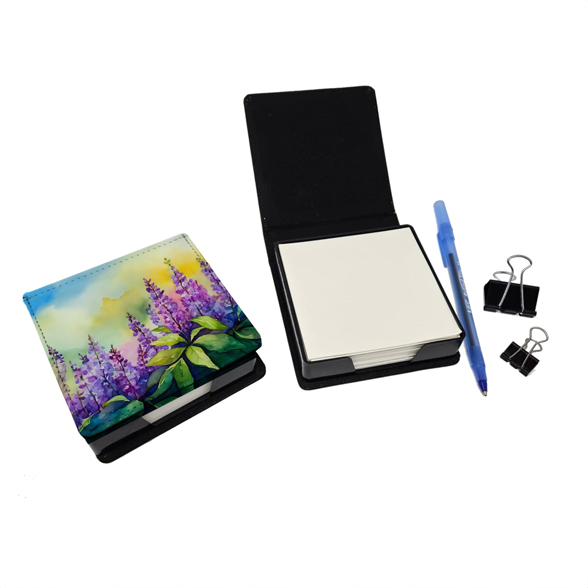 Idaho Syringa in Watercolor PU Leather Note Paper Holder with Artist-Designed Cover, Desk Accessory, Office Gift
