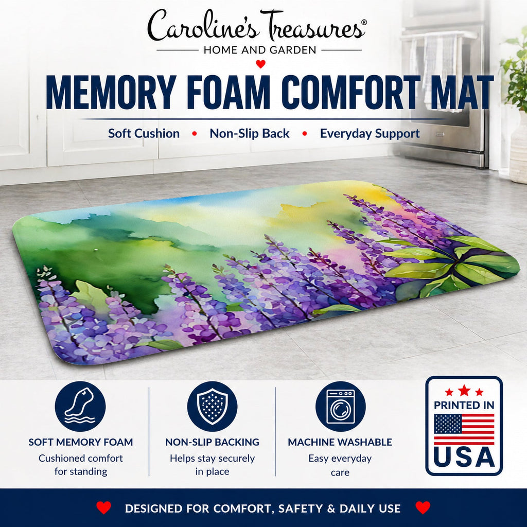 Idaho Syringa in Watercolor Memory Foam Kitchen Mat Machine Washable Anti-Fatigue Cushion Comfort Bath or Kitchen Rug