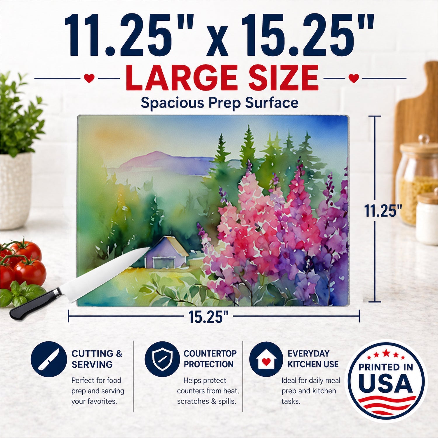 Idaho Syringa in Watercolor Cutting Board Tempered Glass Kitchen Cutting Surface, Heat Resistant Chopping, Non-Slip Feet, Food Prep & Serving