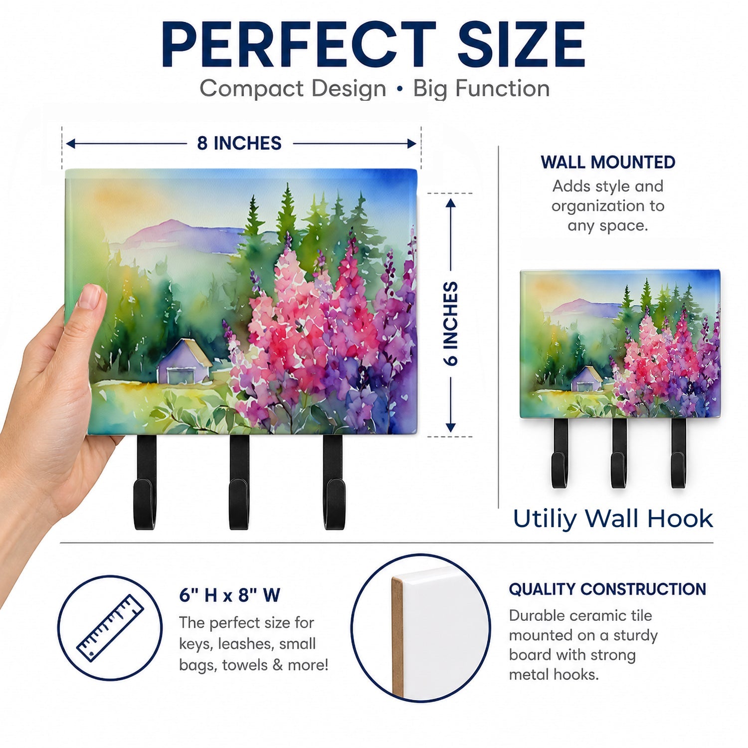 Idaho Syringa in Watercolor Leash or Key Holder Wall Hooks, Coat Rack Wall Mount, for Hanging Keys, Towels, Aprons, Leashes
