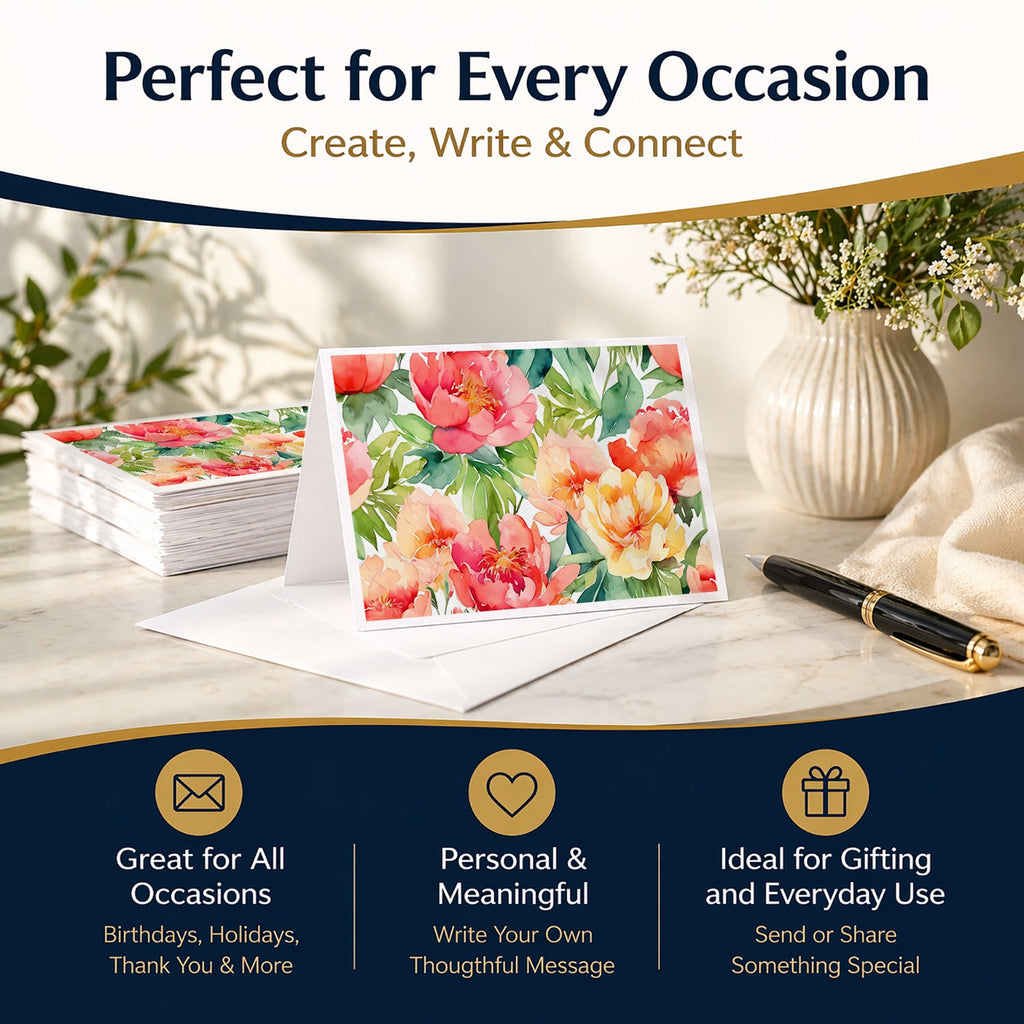 Indiana Peonies in Watercolor Greeting Cards Pack of 8 Blank Cards with Envelopes Whimsical A7 Size 5x7