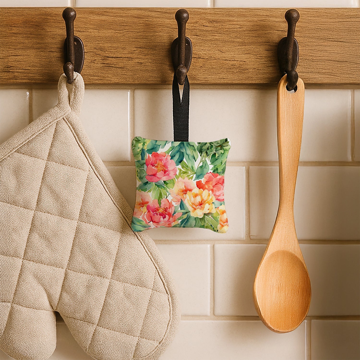 Indiana Peonies in Watercolor Hanging Square Fabric Ornament 3.5 × 3.5 Decorative Door-Knob & Tree Hanger, Soft Fabric